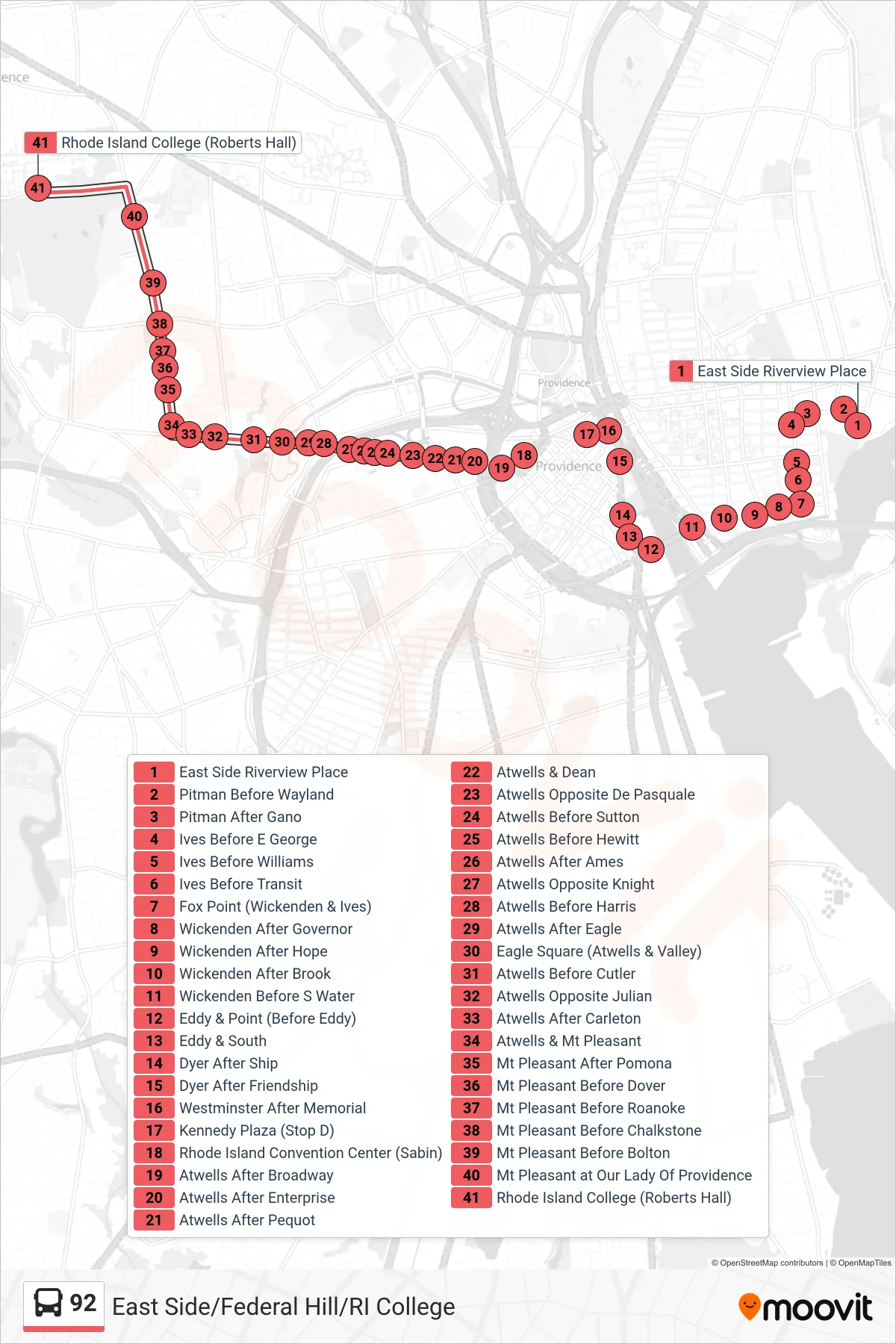 92 bus Line (Ri College Via Atwells Ave) route and stops on a map
