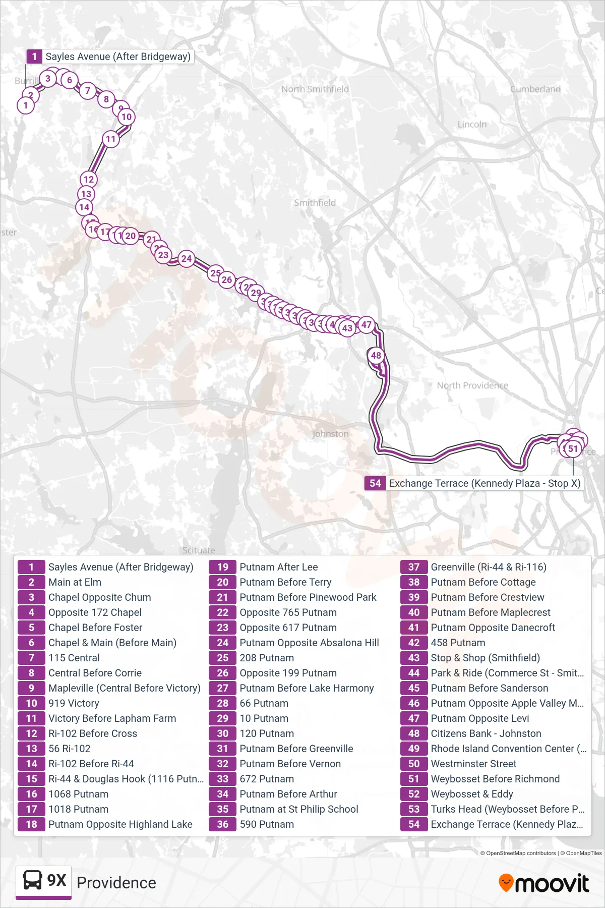 9X bus Line (Providence) route and stops on a map