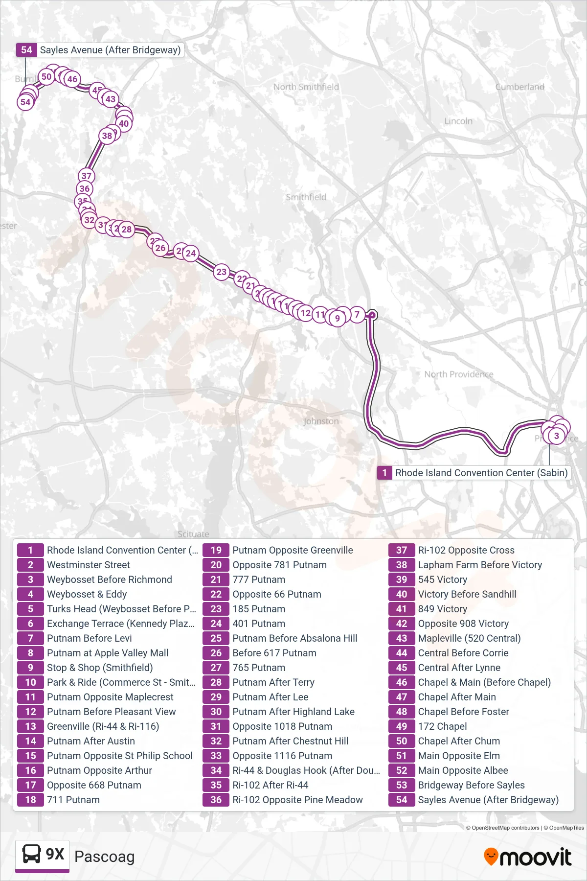 9X bus Line (Pascoag) route and stops on a map