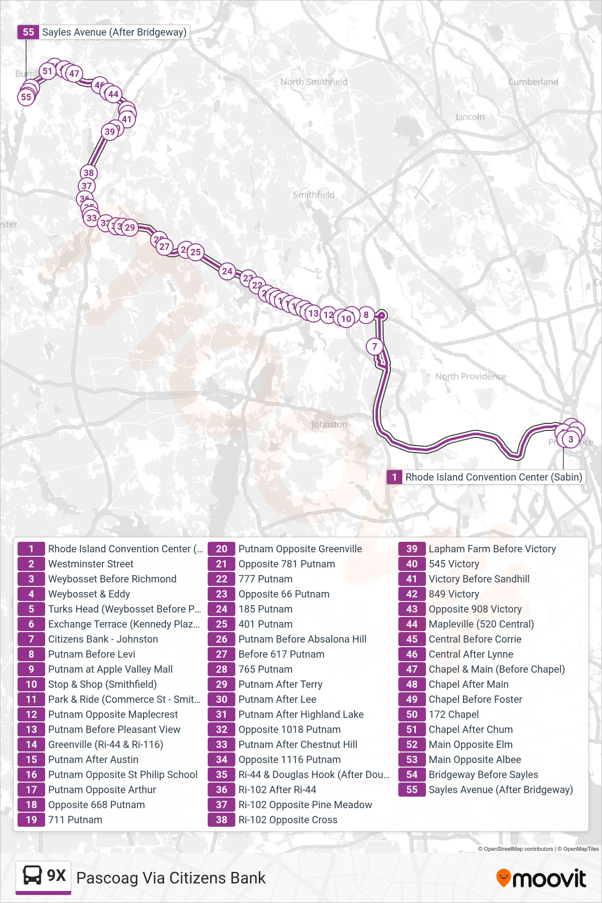 9X bus Line (Pascoag Via Citizens Bank) route and stops on a map