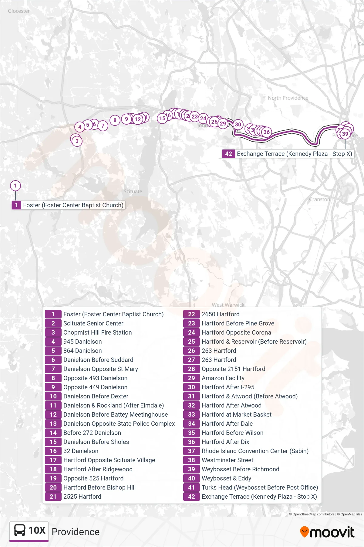10X bus Line (Providence) route and stops on a map