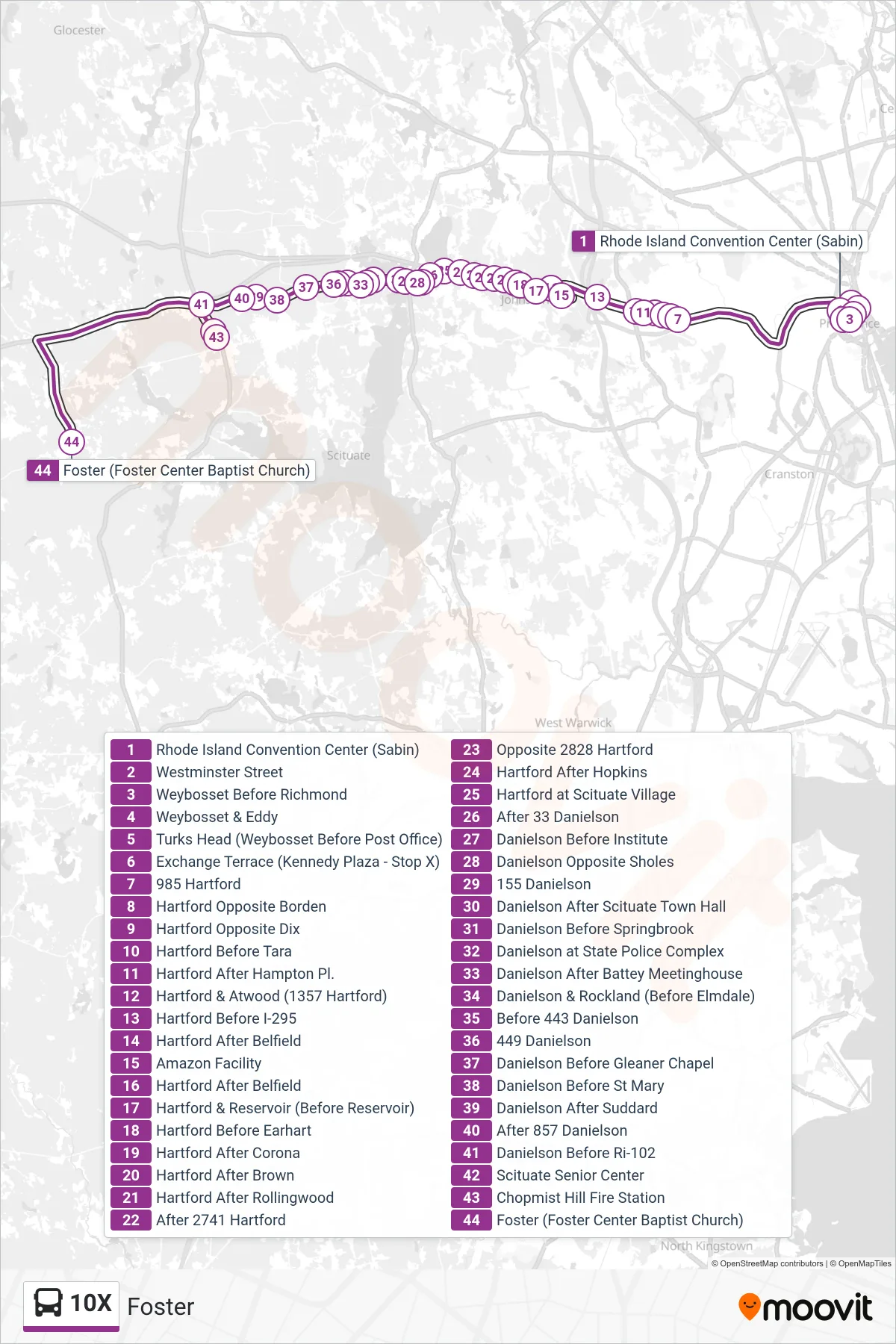 10X bus Line (Foster) route and stops on a map