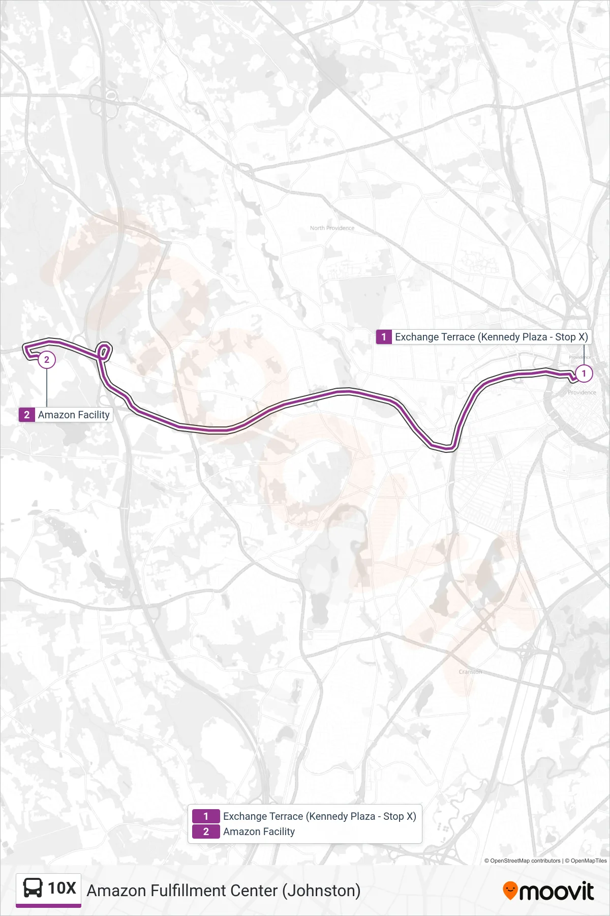 10X bus Line (Amazon Fulfillment Center (Johnston)) route and stops on a map