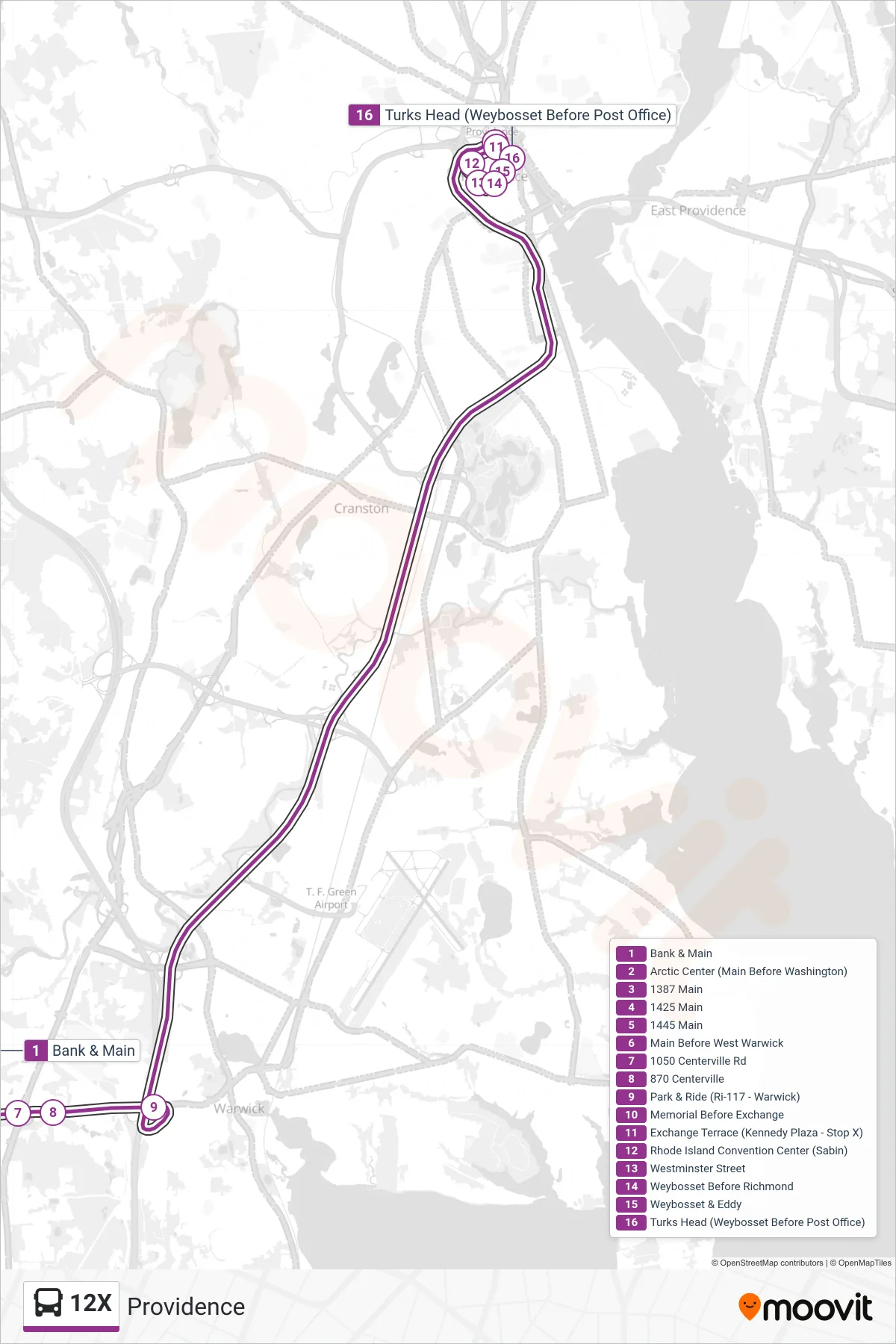 12X bus Line (Providence) route and stops on a map