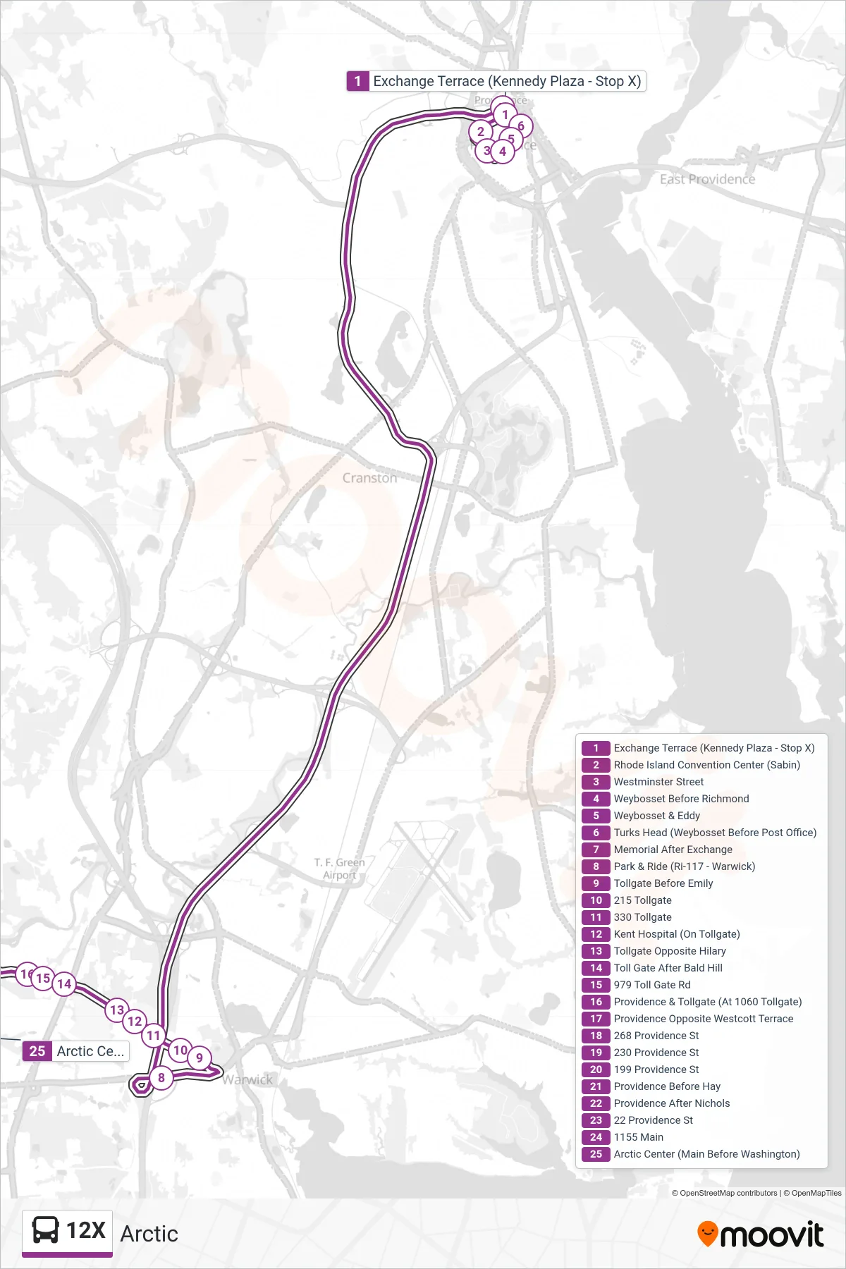 12X bus Line (Arctic) route and stops on a map