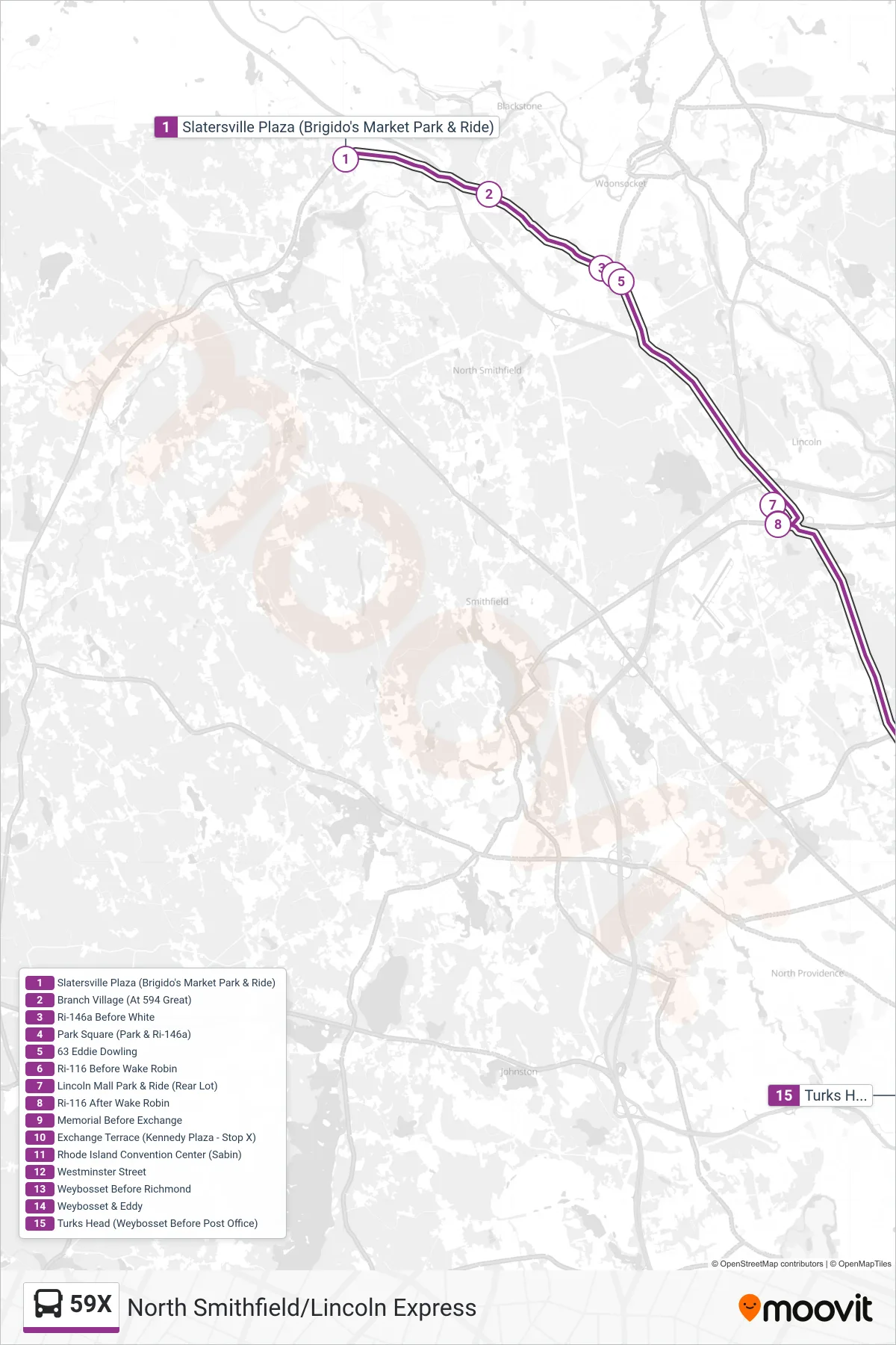 59X bus Line (Providence) route and stops on a map