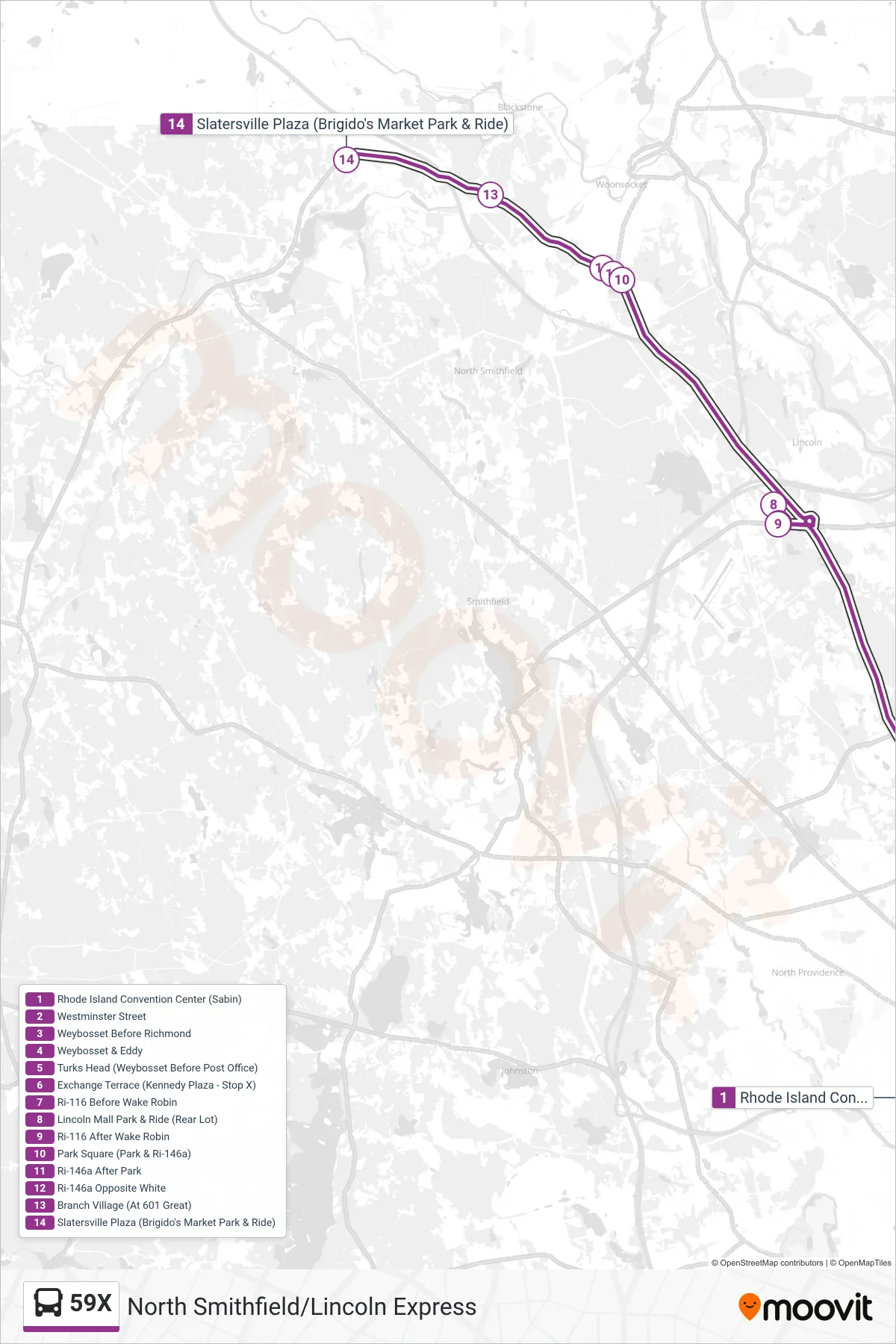 59X bus Line (North Smithfield) route and stops on a map