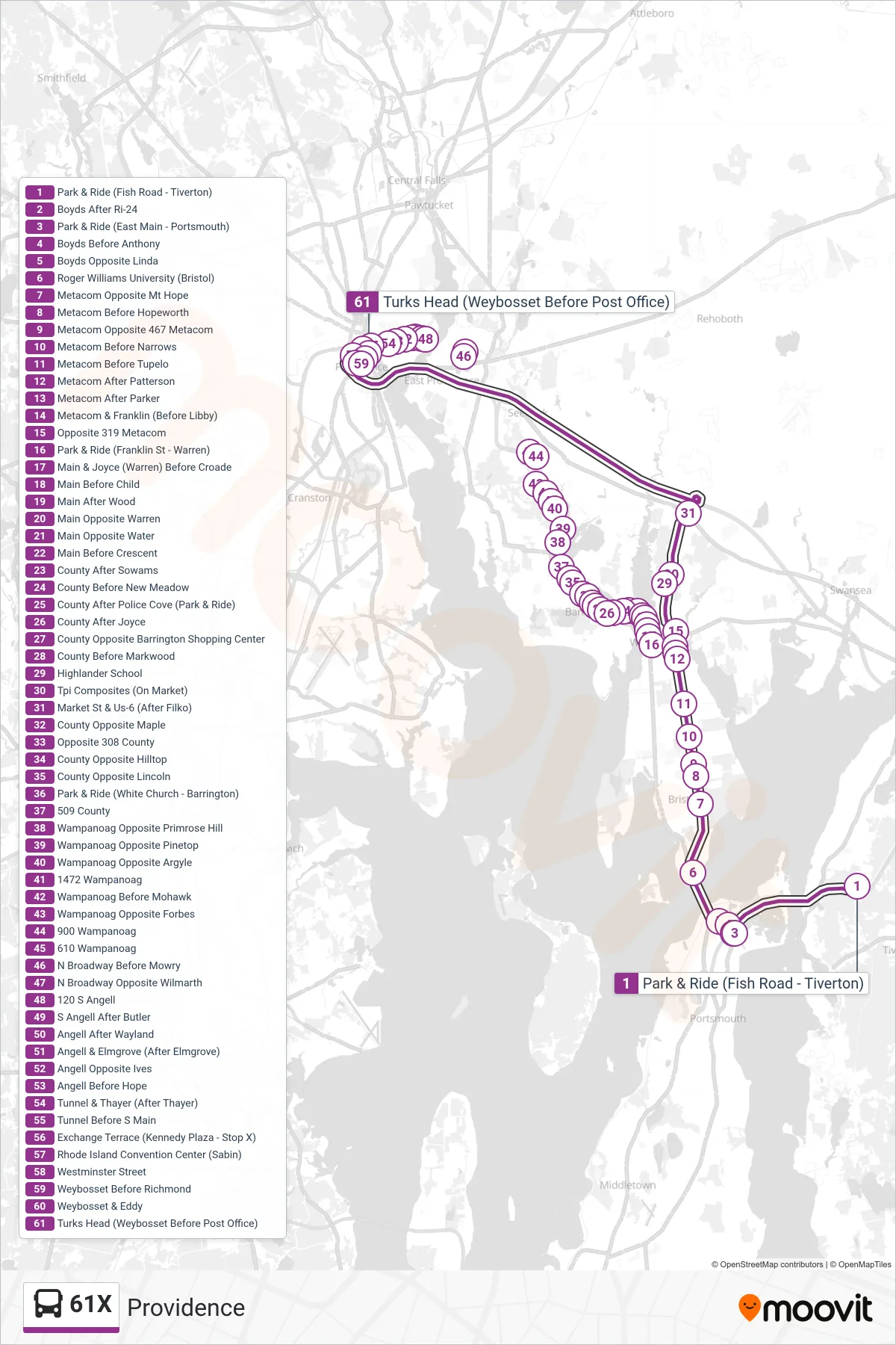 61X bus Line (Providence) route and stops on a map