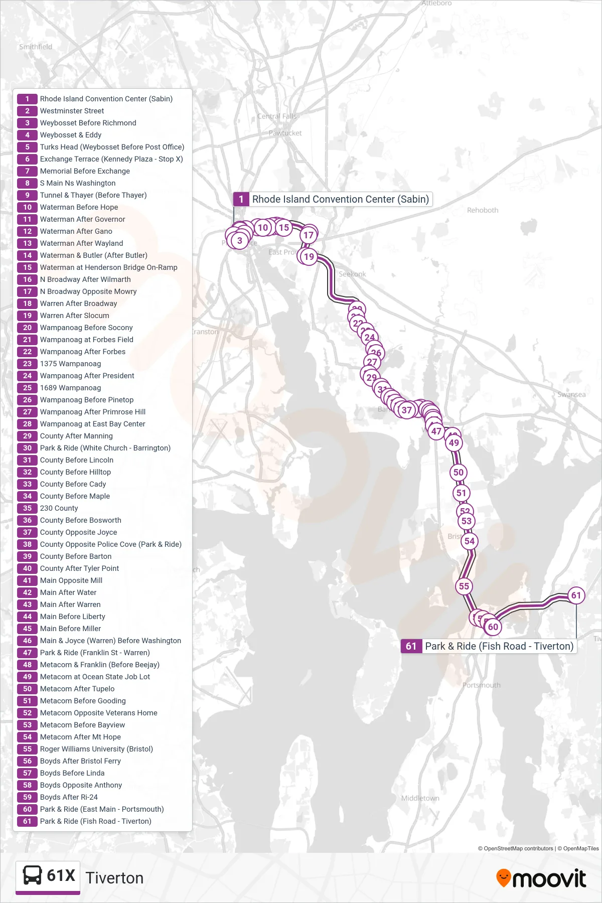 61X bus Line (Tiverton) route and stops on a map