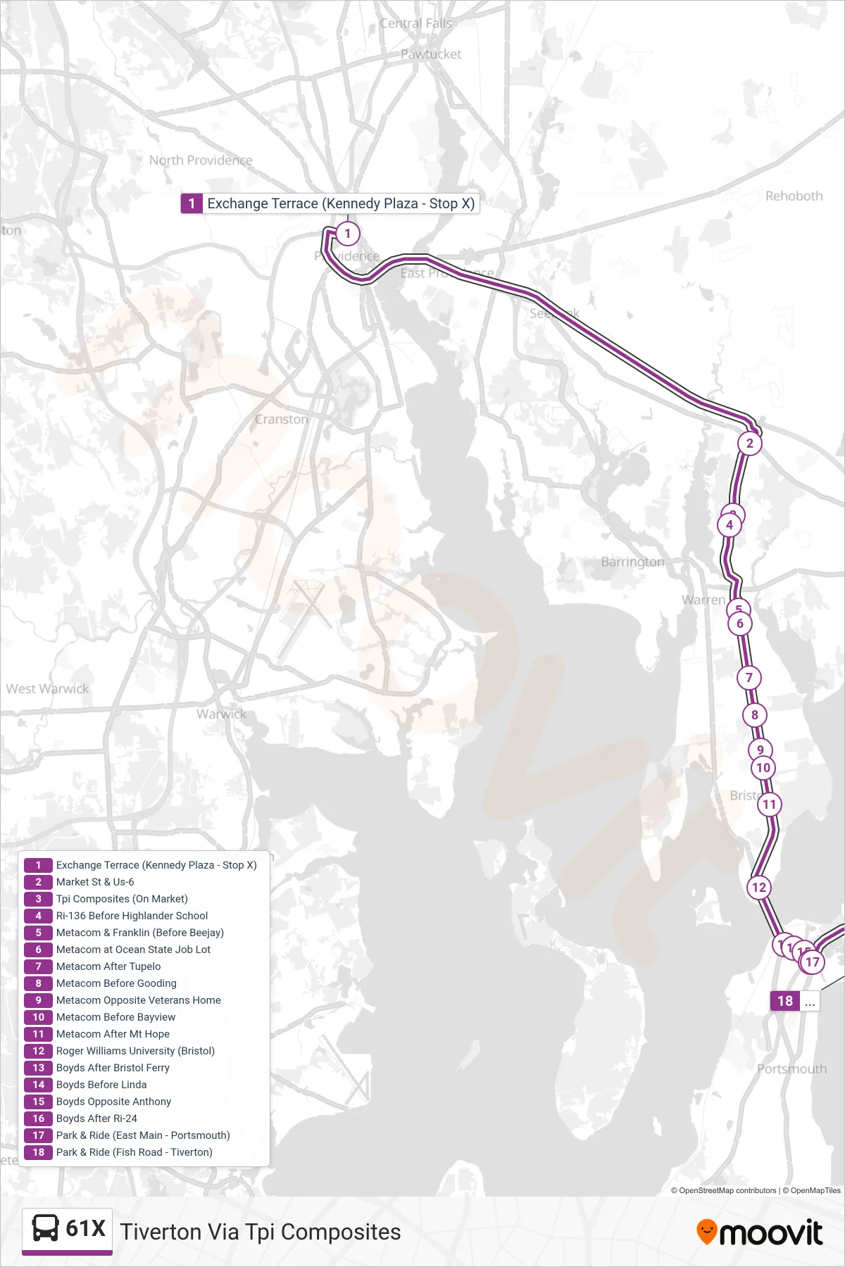 61X bus Line (Tiverton Via Tpi Composites) route and stops on a map