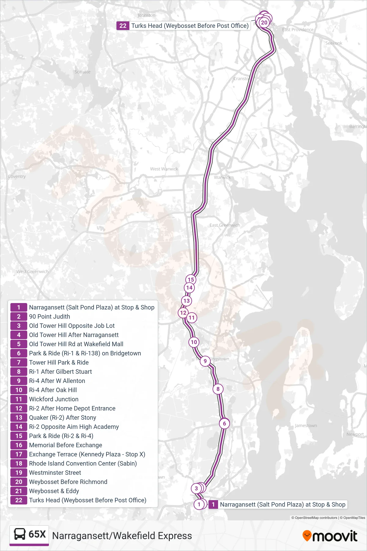 65X bus Line (Providence) route and stops on a map