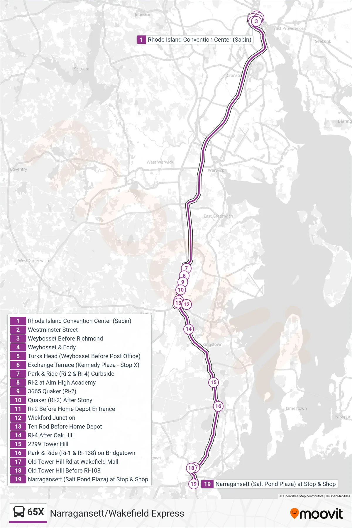 65X bus Line (Narragansett (Salt Pond Plaza)) route and stops on a map