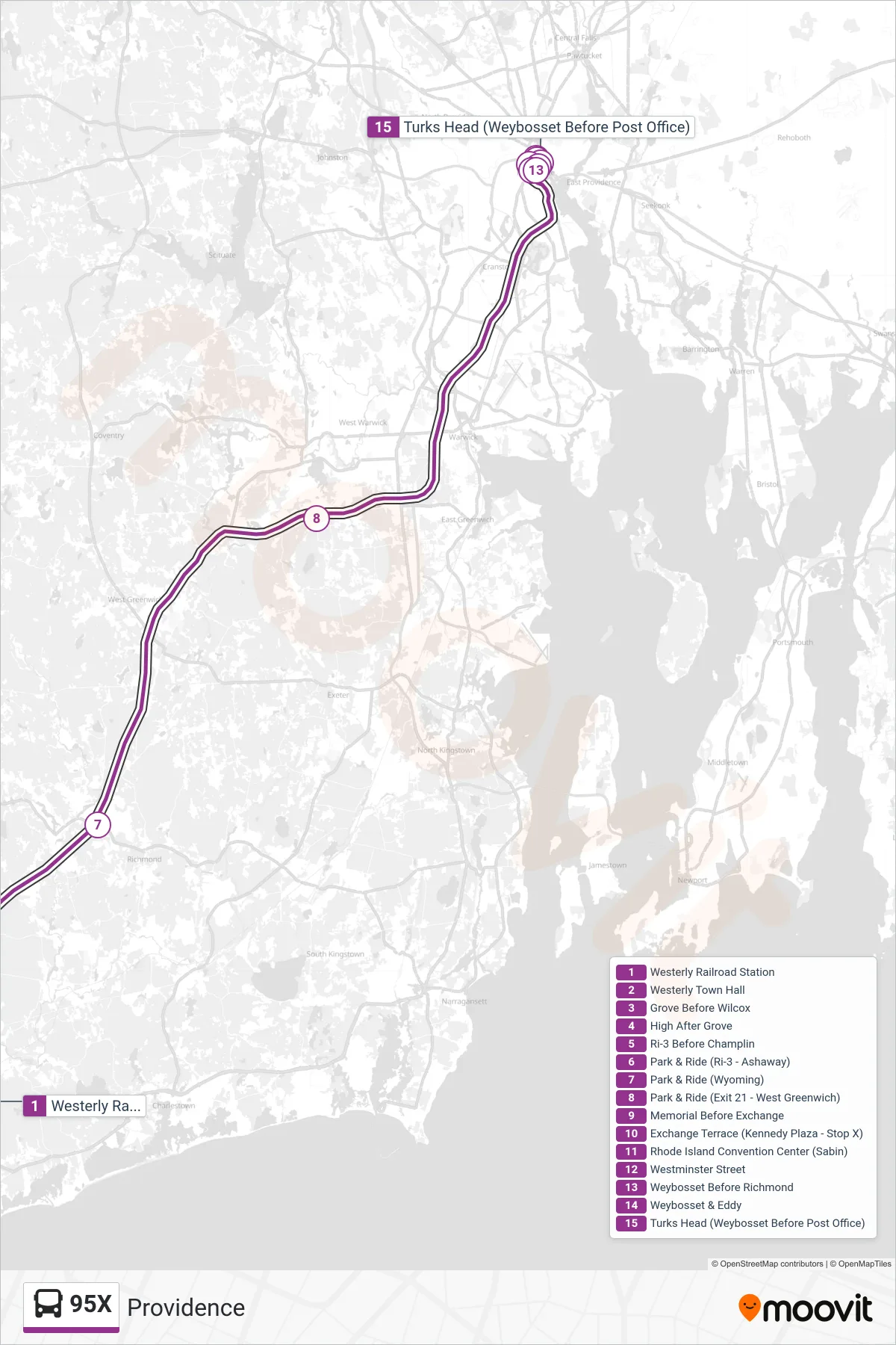 95X bus Line (Providence) route and stops on a map