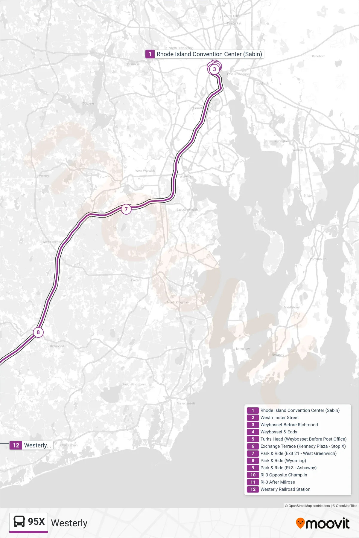95X bus Line (Westerly) route and stops on a map