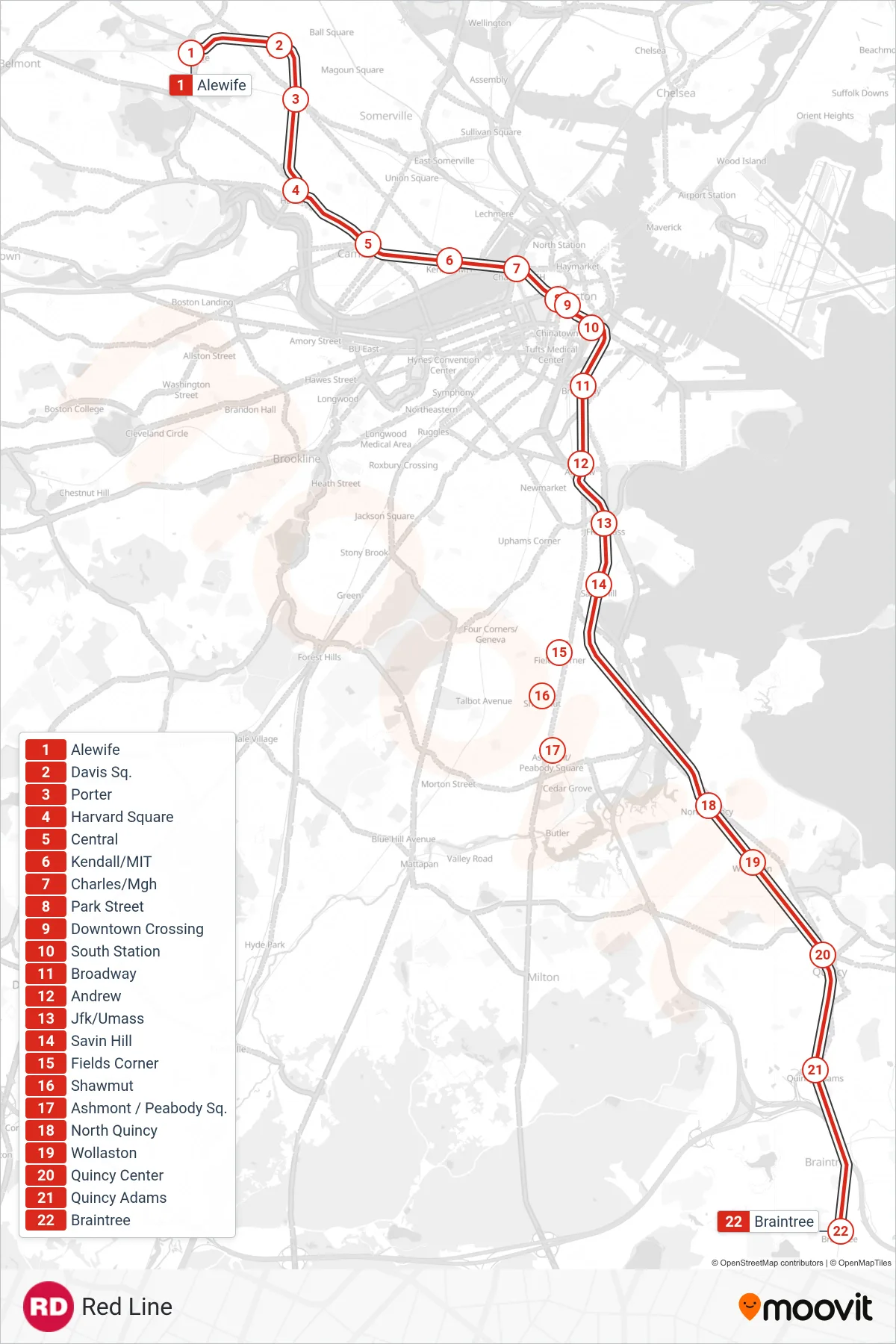 RED LINE subway Line (Ashmont/Braintree) route and stops on a map