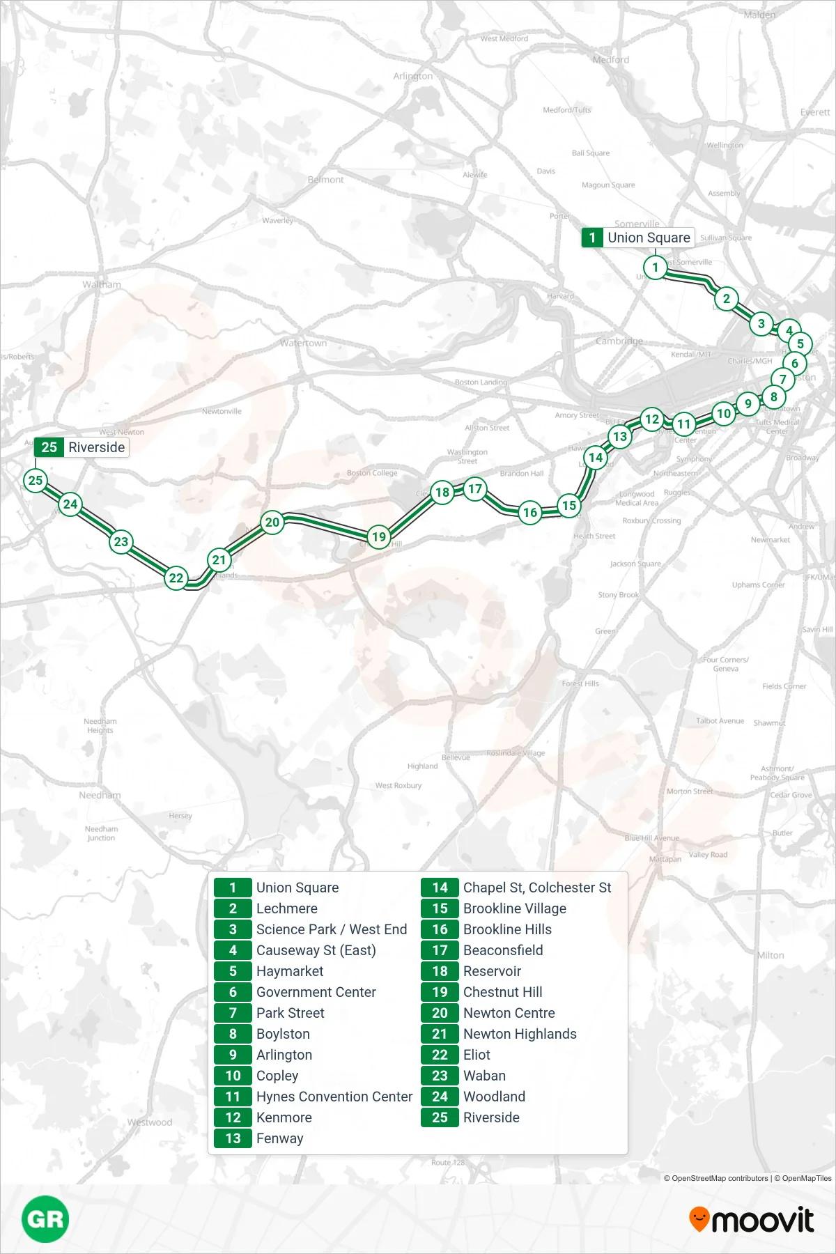 GREEN LINE D subway Line (Riverside) route and stops on a map