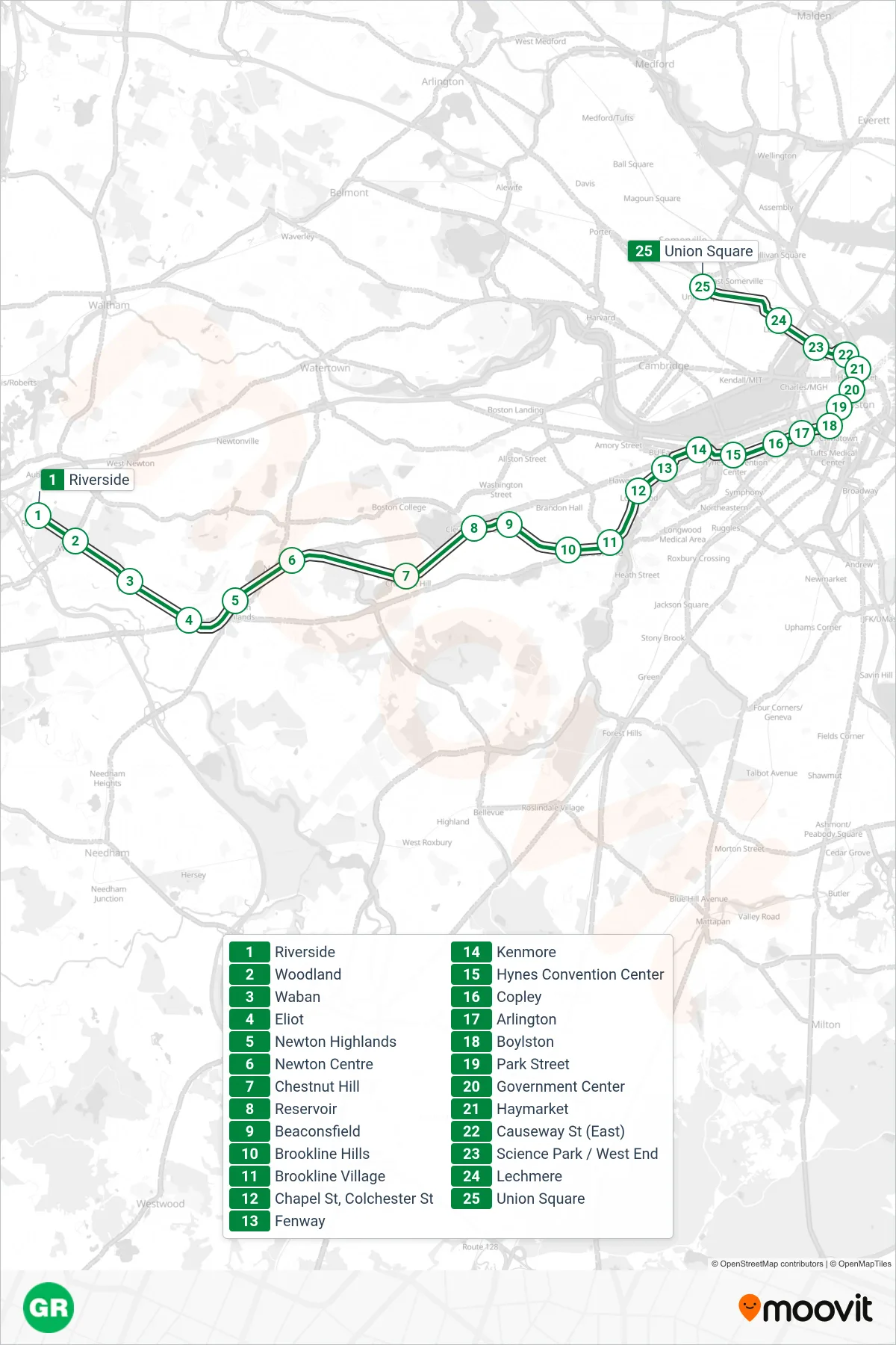GREEN LINE D subway Line (Government Center) route and stops on a map