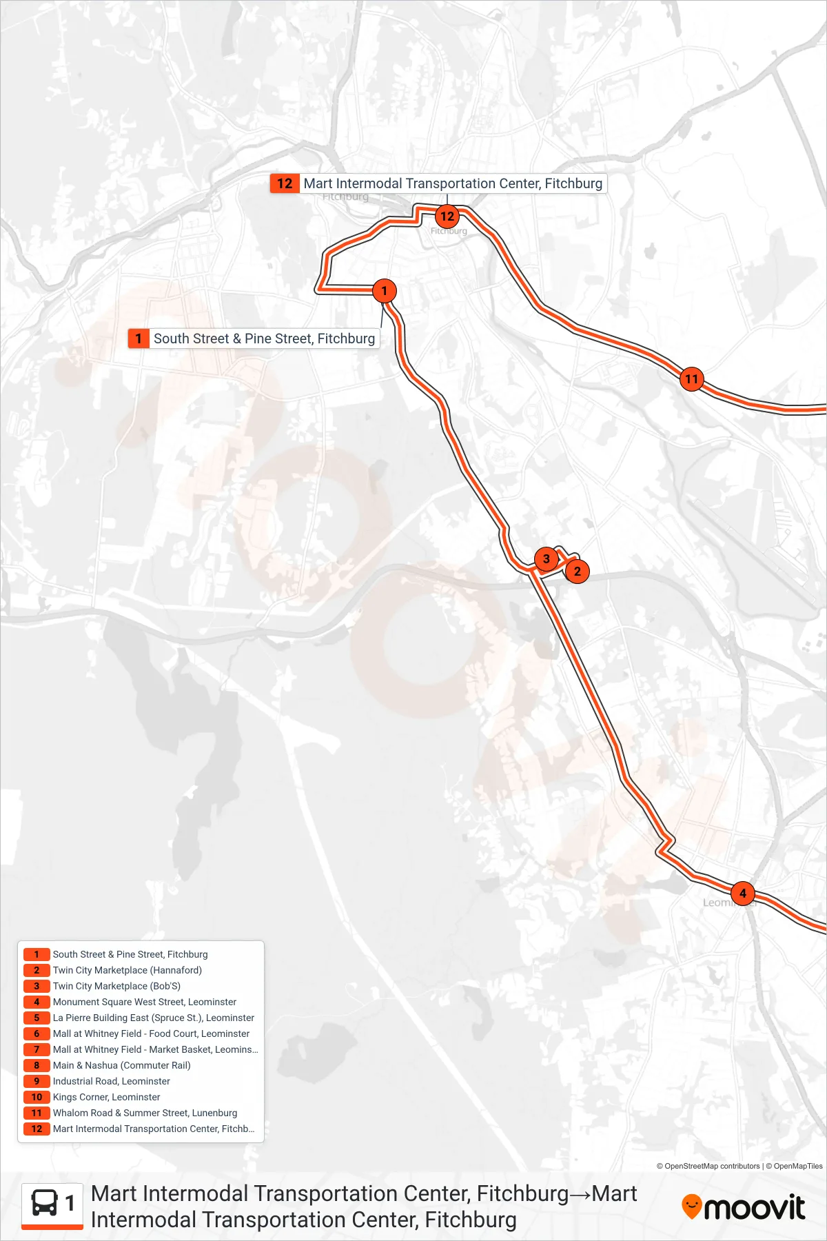 1 bus Line (Mart Intermodal Transportation Center, Fitchburg‎→Mart Intermodal Transportation Center, Fitchburg) route and stops on a map