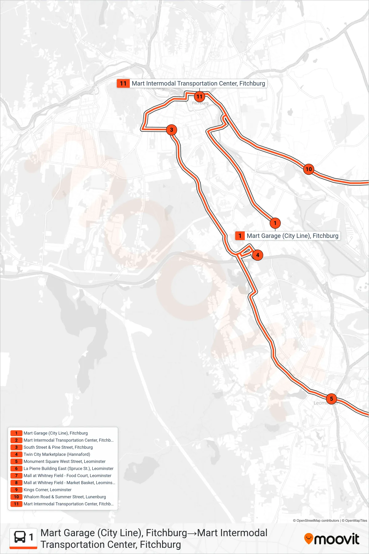 1 bus Line (Mart Garage (City Line), Fitchburg→Mart Intermodal Transportation Center, Fitchburg) route and stops on a map