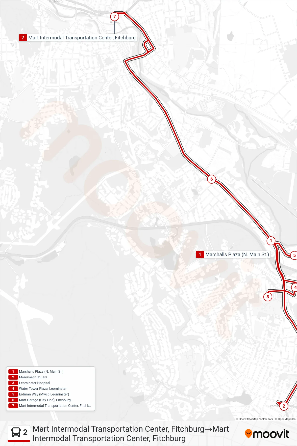 2 bus Line (Mart Intermodal Transportation Center, Fitchburg‎→Mart Intermodal Transportation Center, Fitchburg) route and stops on a map