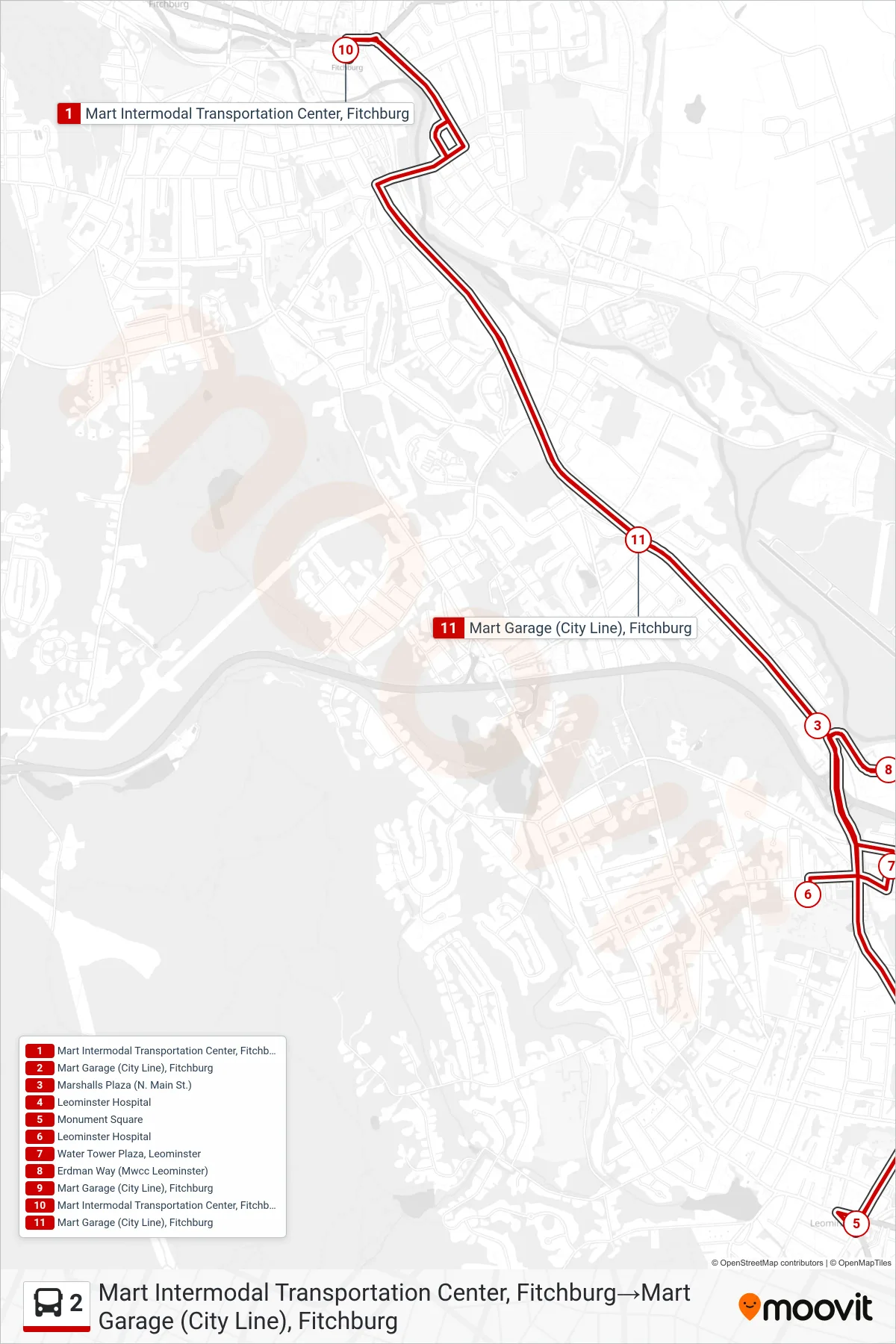 2 bus Line (Mart Intermodal Transportation Center, Fitchburg‎→Mart Garage (City Line), Fitchburg) route and stops on a map