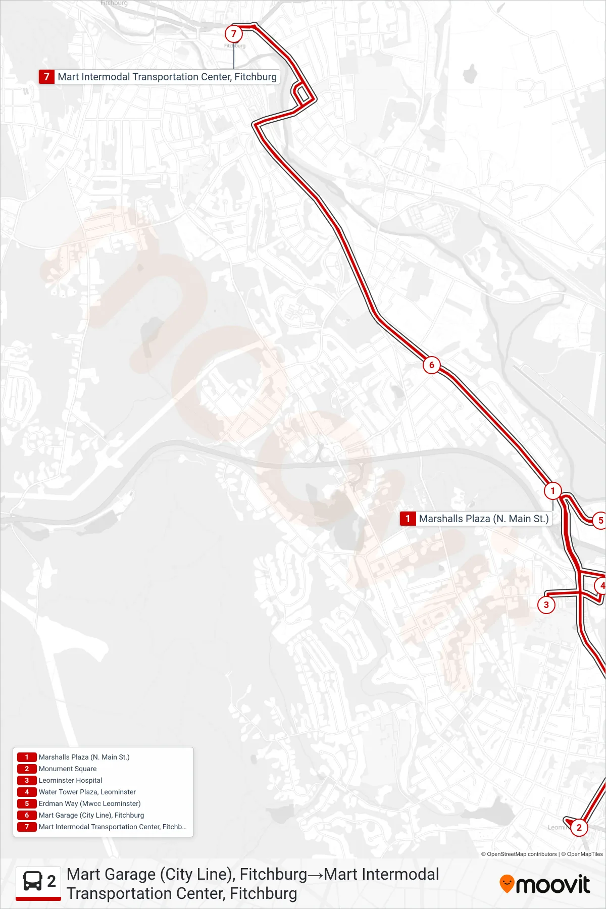 2 bus Line (Mart Garage (City Line), Fitchburg→Mart Intermodal Transportation Center, Fitchburg) route and stops on a map