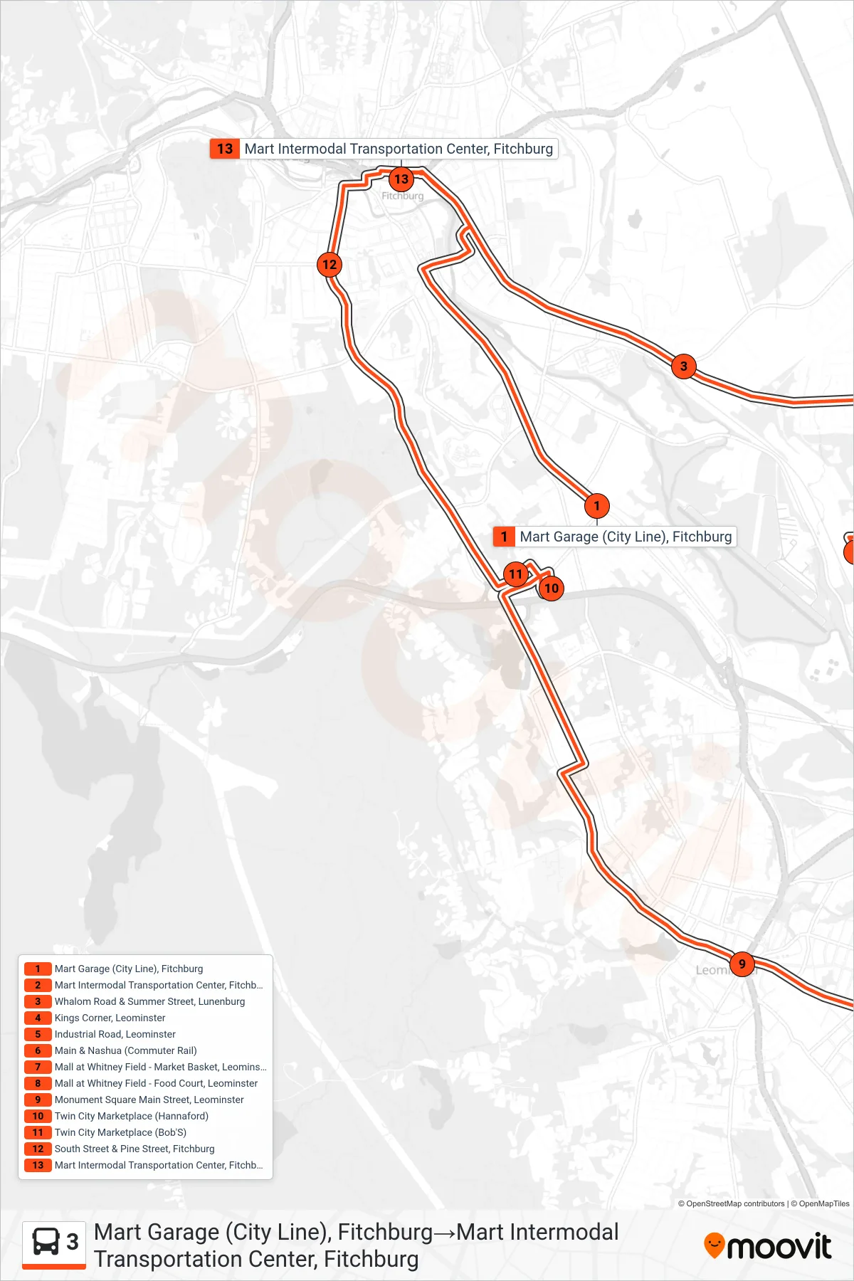 3 bus Line (Mart Garage (City Line), Fitchburg‎→Mart Intermodal Transportation Center, Fitchburg) route and stops on a map