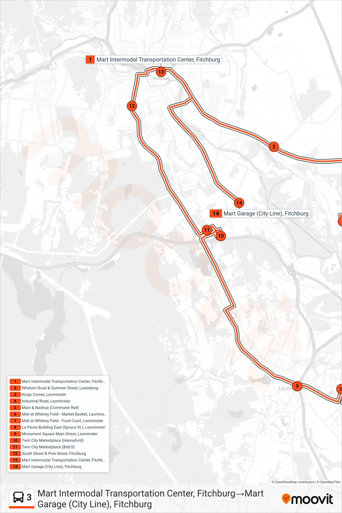 3 bus Line (Mart Intermodal Transportation Center, Fitchburg→Mart Garage (City Line), Fitchburg) route and stops on a map