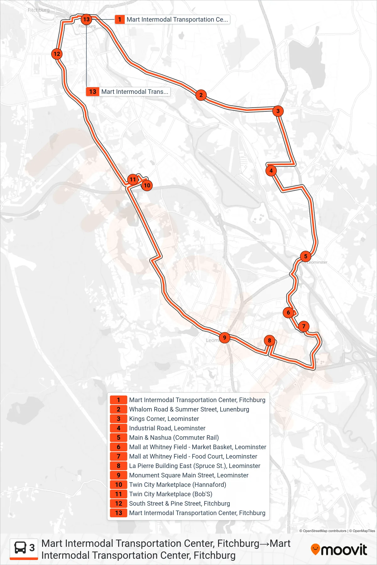 3 bus Line (Mart Intermodal Transportation Center, Fitchburg‎→Mart Intermodal Transportation Center, Fitchburg) route and stops on a map