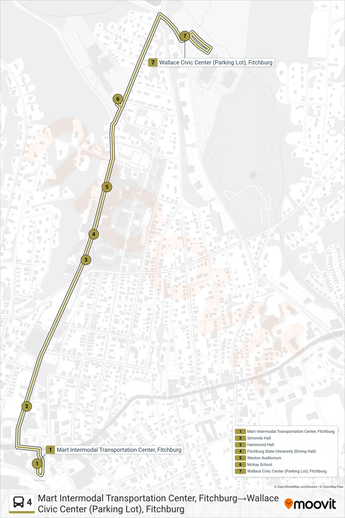 4 bus Line (Mart Intermodal Transportation Center, Fitchburg→Wallace Civic Center (Parking Lot), Fitchburg) route and stops on a map