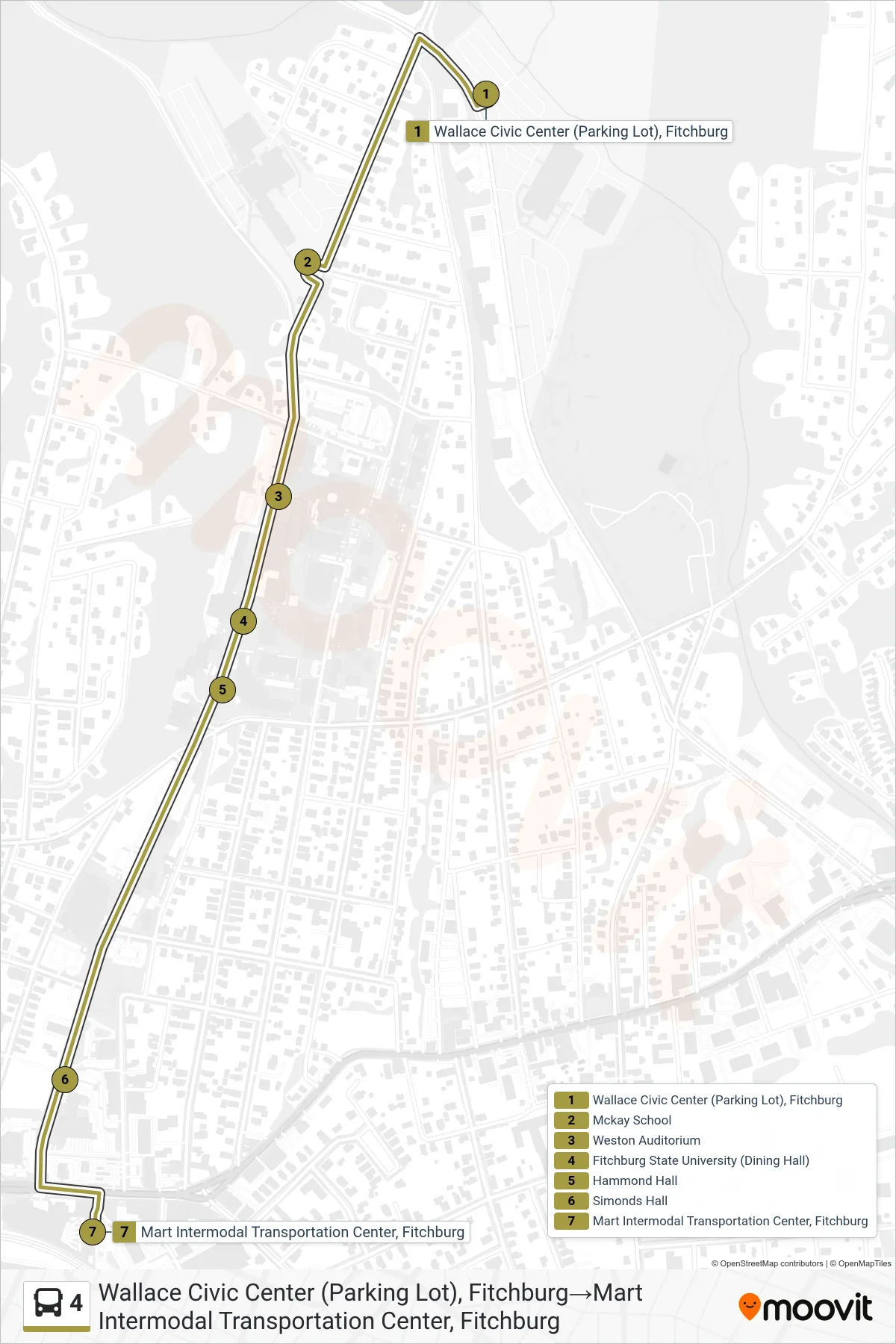 4 bus Line (Wallace Civic Center (Parking Lot), Fitchburg→Mart Intermodal Transportation Center, Fitchburg) route and stops on a map