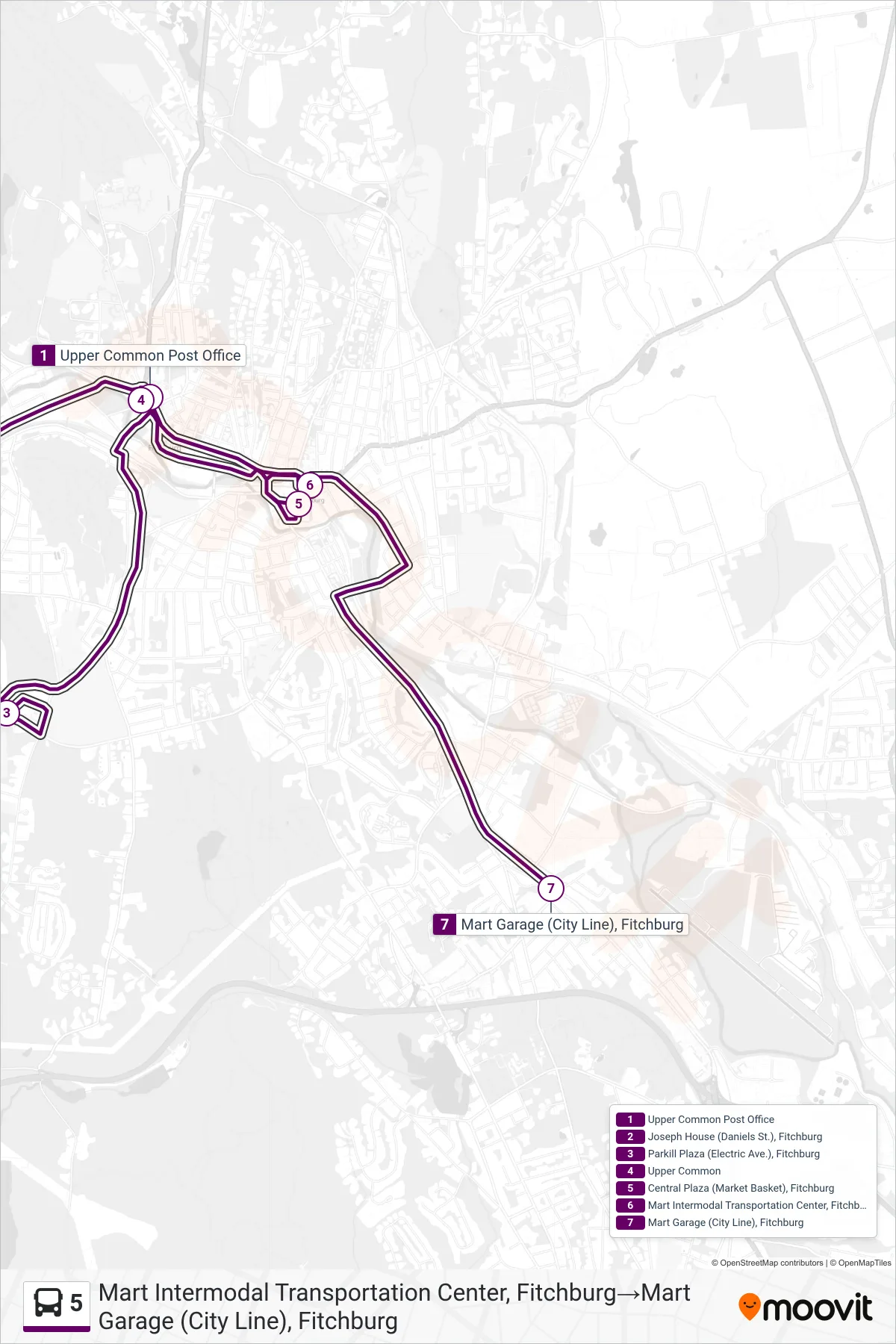 5 bus Line (Mart Intermodal Transportation Center, Fitchburg→Mart Garage (City Line), Fitchburg) route and stops on a map