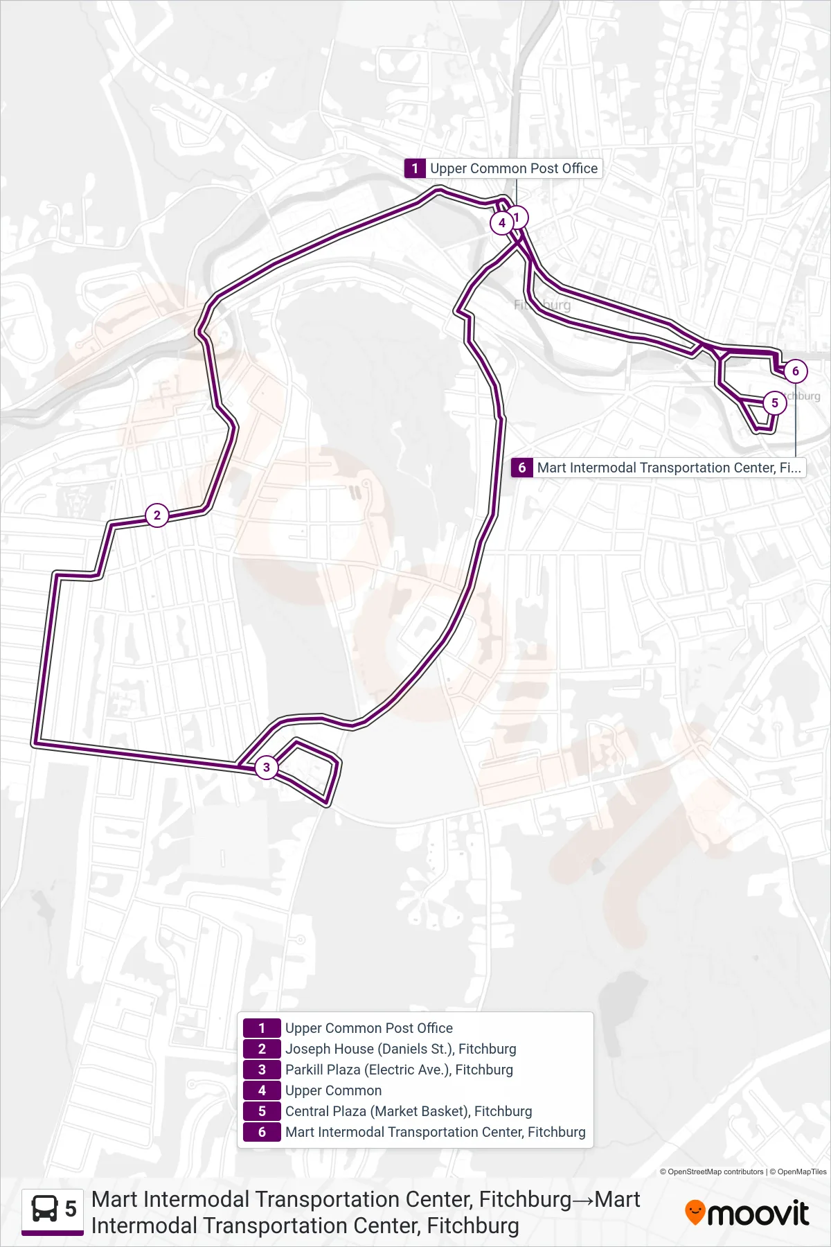 5 bus Line (Mart Intermodal Transportation Center, Fitchburg→Mart Intermodal Transportation Center, Fitchburg) route and stops on a map