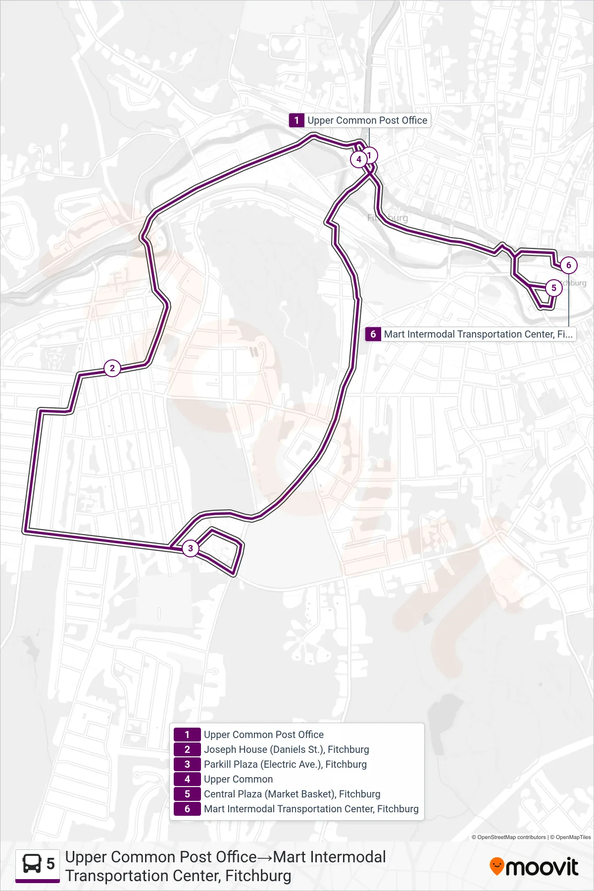 5 bus Line (Upper Common Post Office→Mart Intermodal Transportation Center, Fitchburg) route and stops on a map