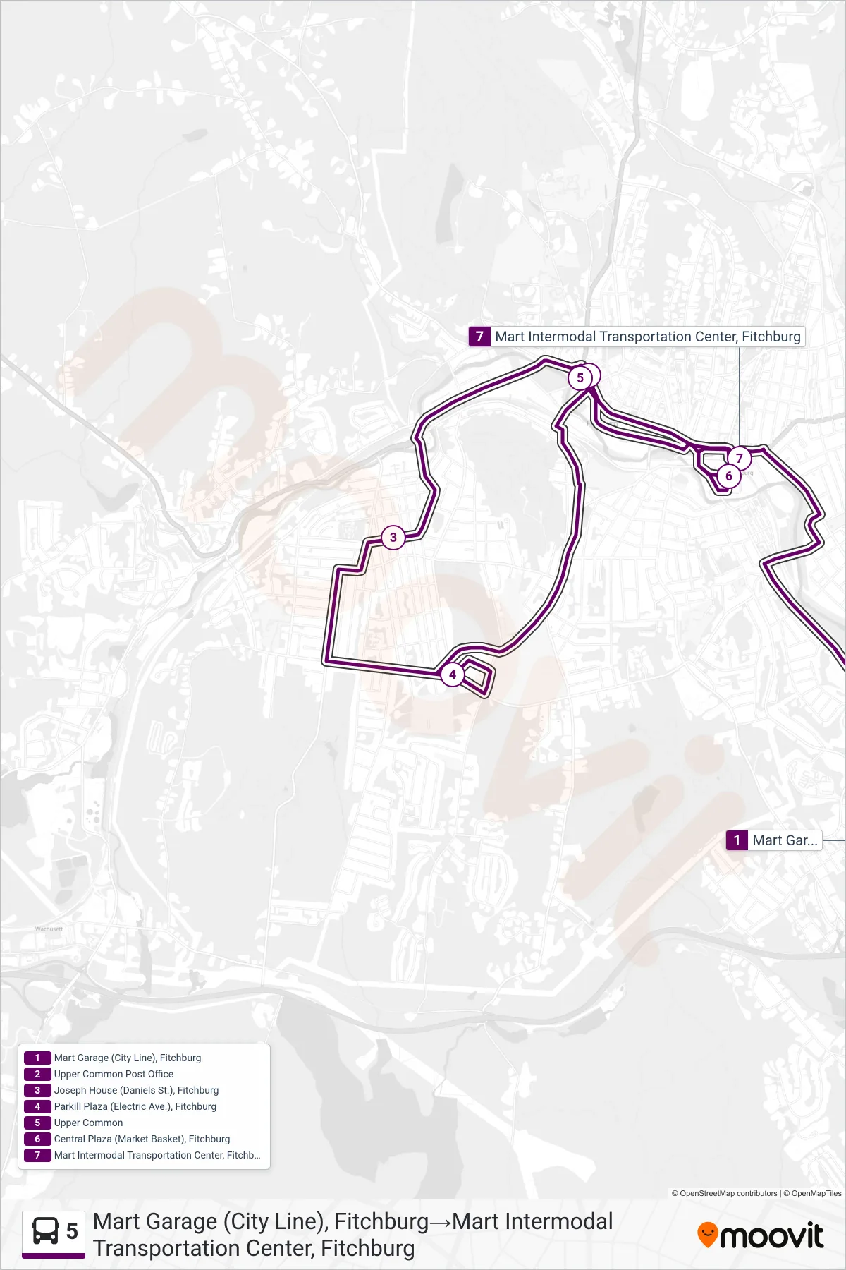 5 bus Line (Mart Garage (City Line), Fitchburg‎→Mart Intermodal Transportation Center, Fitchburg) route and stops on a map