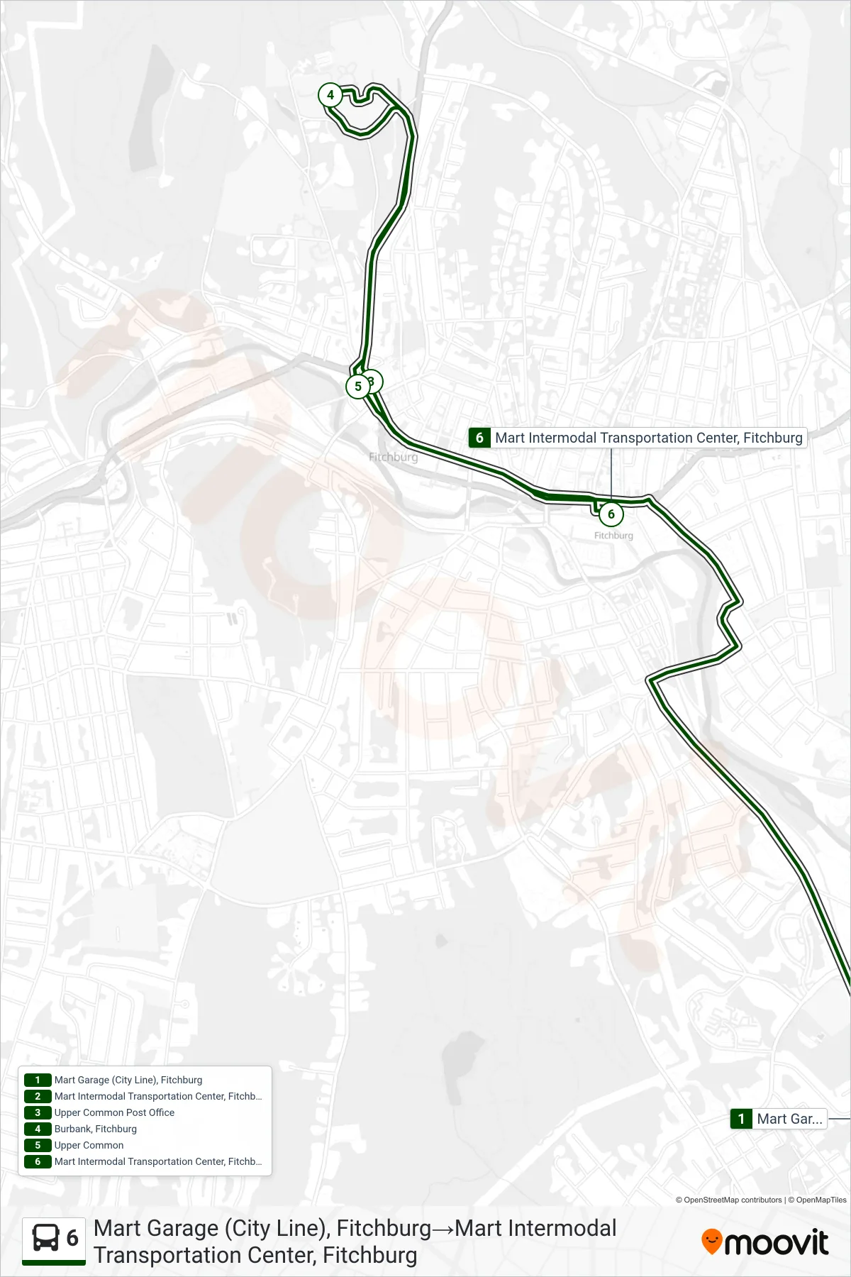 6 bus Line (Mart Garage (City Line), Fitchburg‎→Mart Intermodal Transportation Center, Fitchburg) route and stops on a map