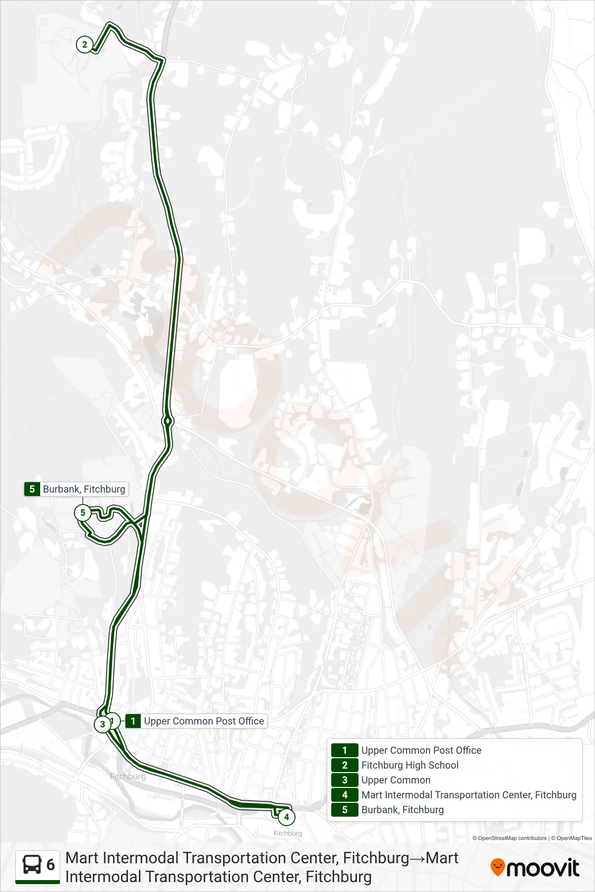 6 bus Line (Mart Intermodal Transportation Center, Fitchburg→Mart Intermodal Transportation Center, Fitchburg) route and stops on a map