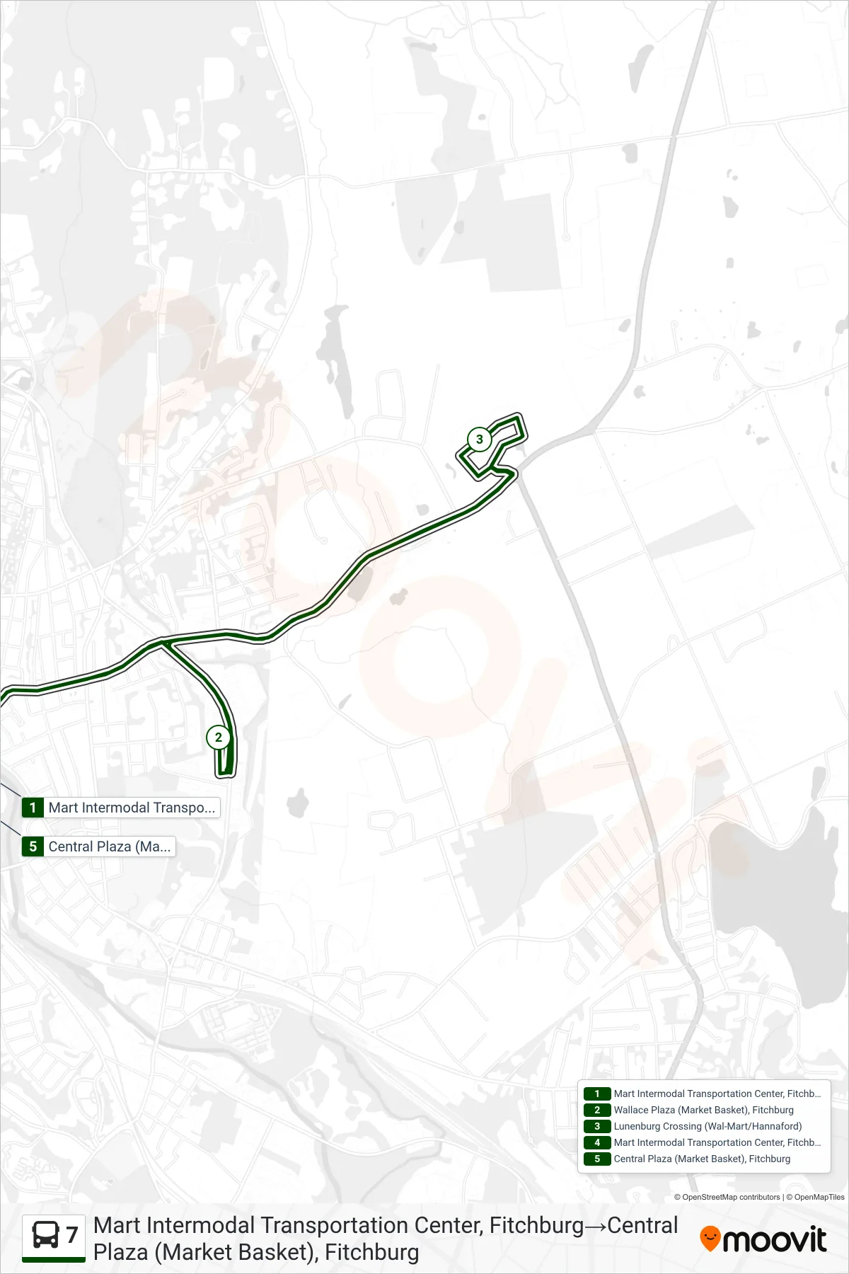 7 bus Line (Mart Intermodal Transportation Center, Fitchburg→Central Plaza (Market Basket), Fitchburg) route and stops on a map