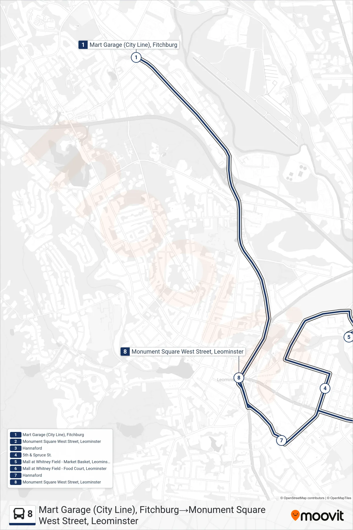 8 bus Line (Mart Garage (City Line), Fitchburg‎→Monument Square West Street, Leominster) route and stops on a map