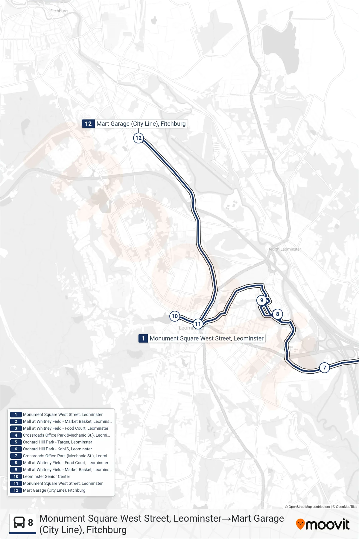 8 bus Line (Monument Square West Street, Leominster→Mart Garage (City Line), Fitchburg) route and stops on a map