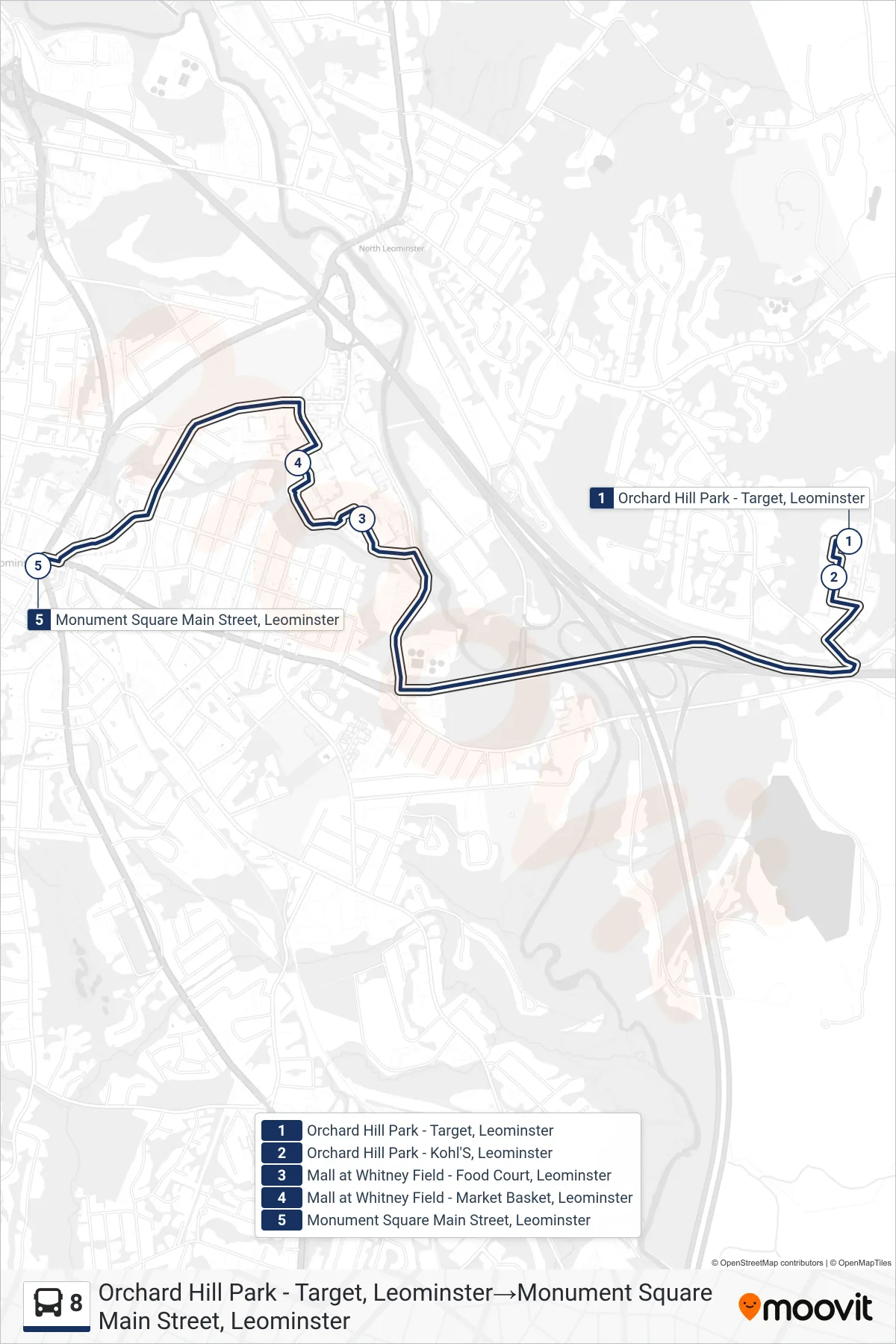 8 bus Line (Orchard Hill Park - Target, Leominster‎→Monument Square Main Street, Leominster) route and stops on a map