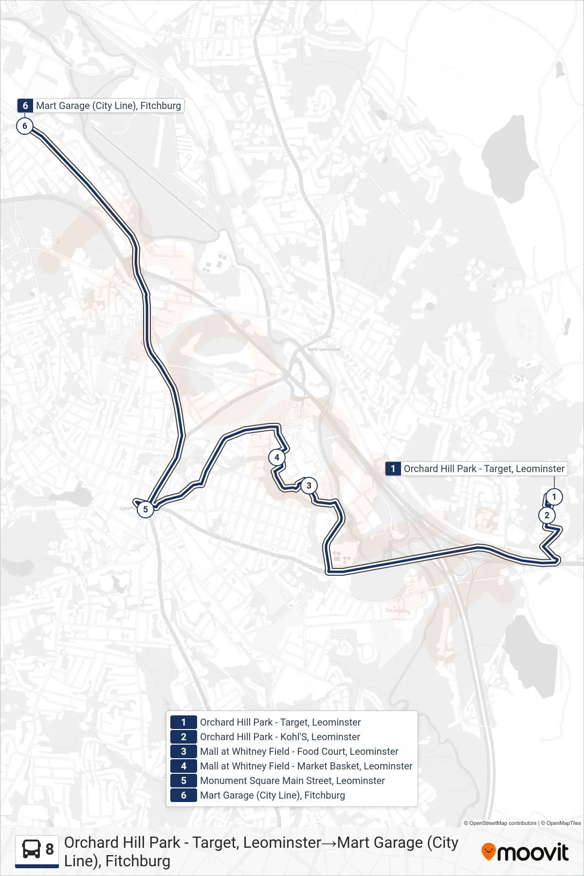 8 bus Line (Orchard Hill Park - Target, Leominster→Mart Garage (City Line), Fitchburg) route and stops on a map