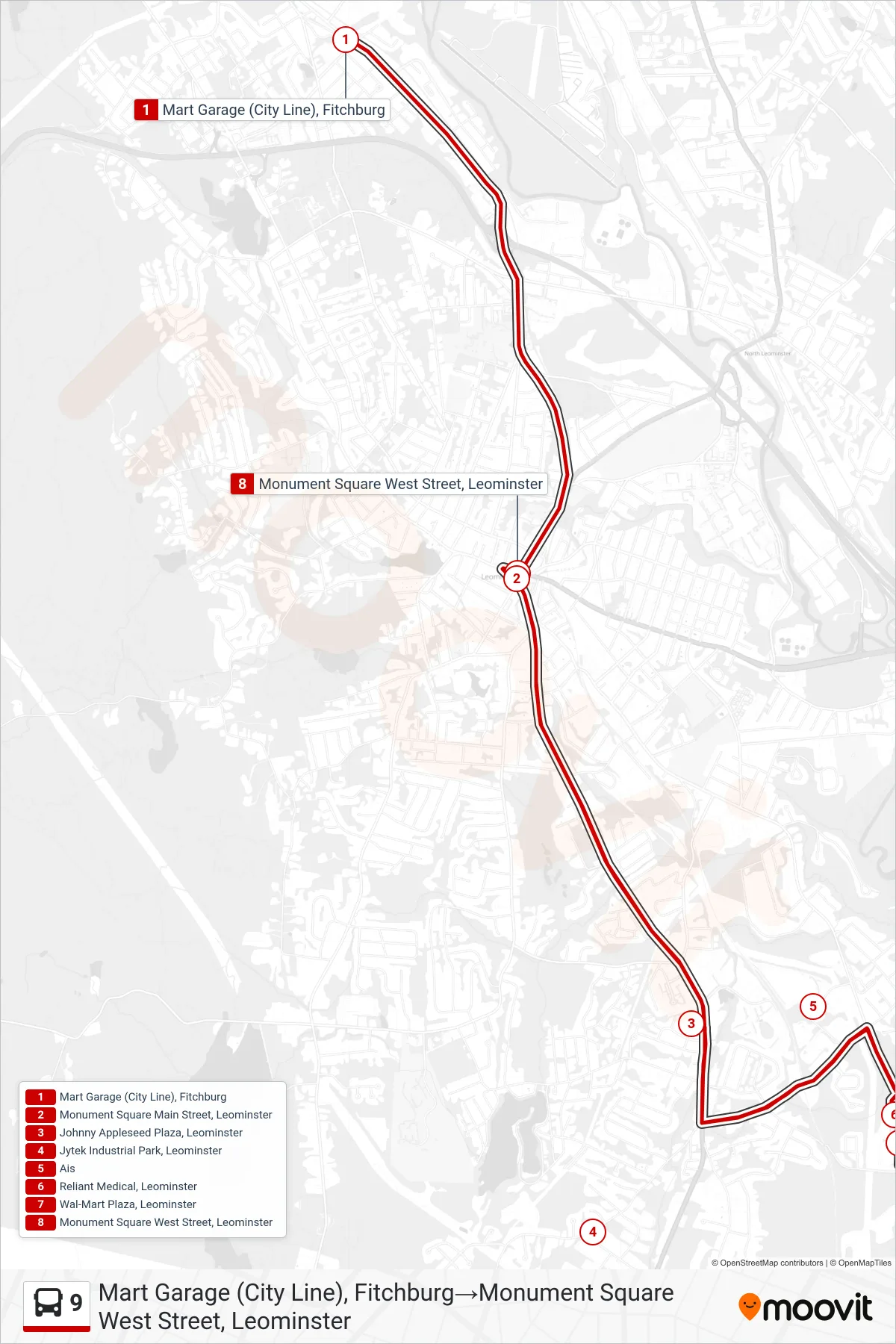 9 bus Line (Mart Garage (City Line), Fitchburg→Monument Square West Street, Leominster) route and stops on a map