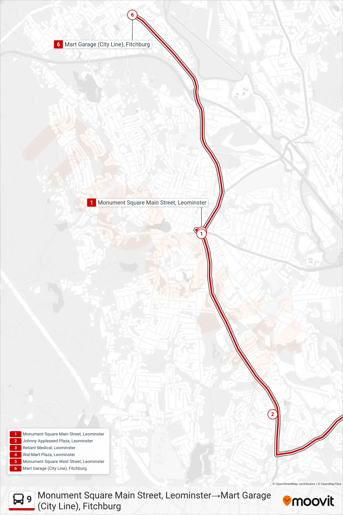 9 bus Line (Monument Square Main Street, Leominster‎→Mart Garage (City Line), Fitchburg) route and stops on a map