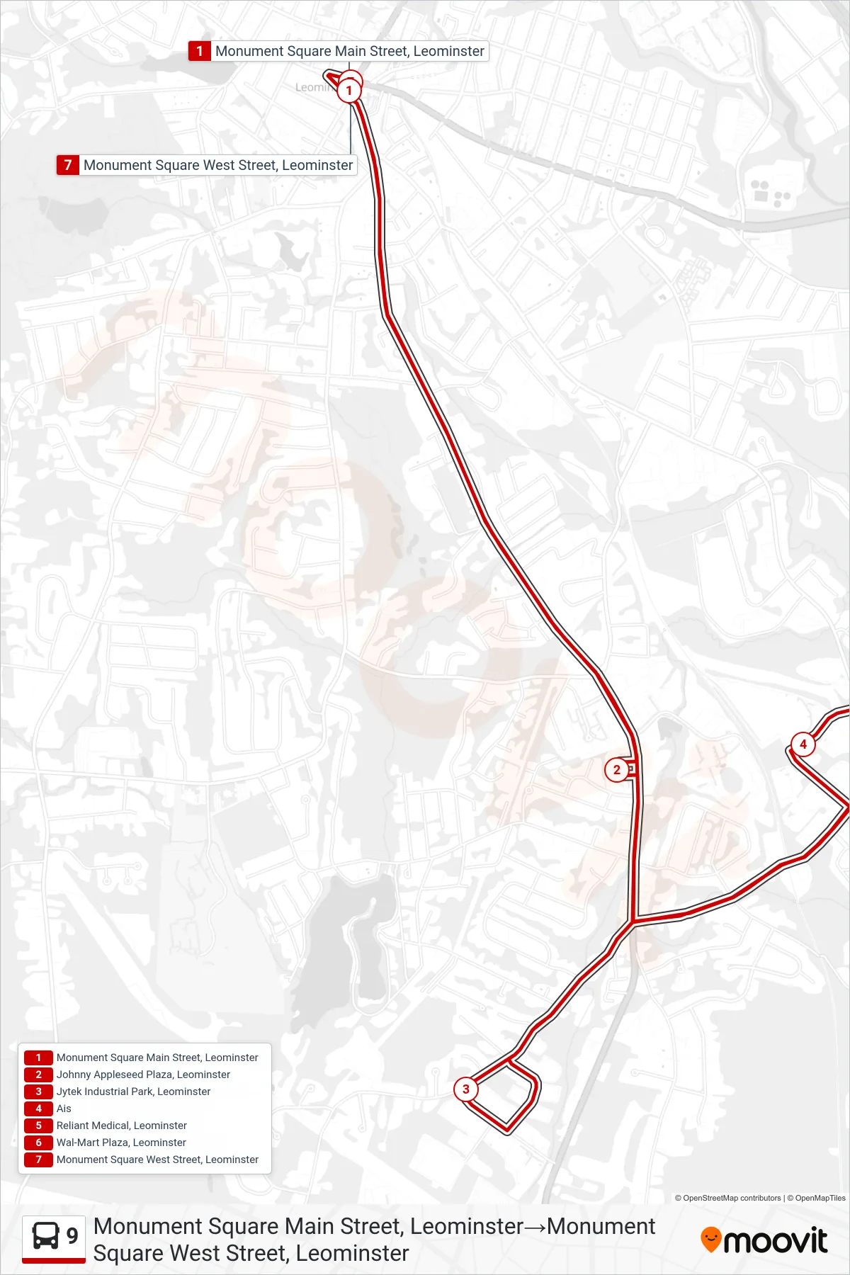 9 bus Line (Monument Square Main Street, Leominster→Monument Square West Street, Leominster) route and stops on a map