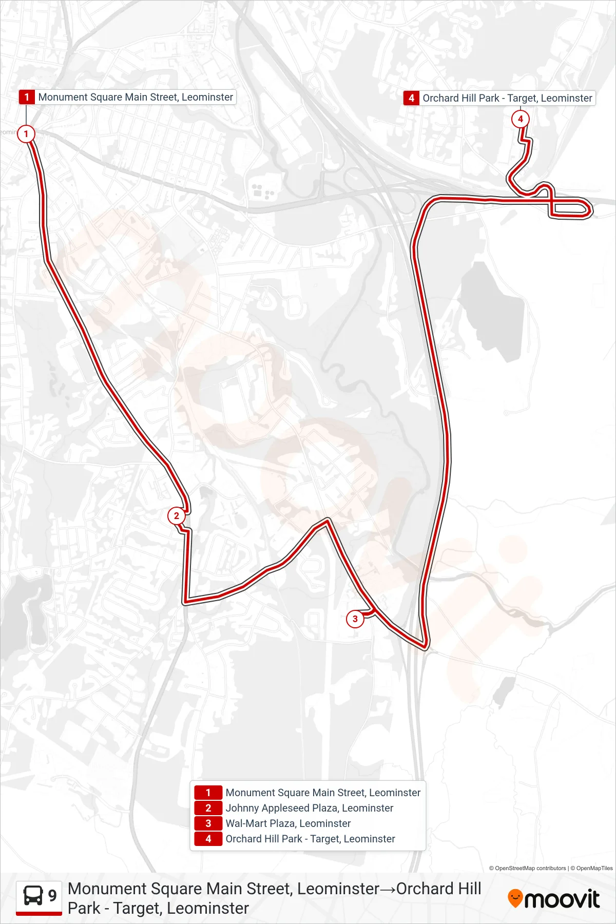 9 bus Line (Monument Square Main Street, Leominster→Orchard Hill Park - Target, Leominster) route and stops on a map