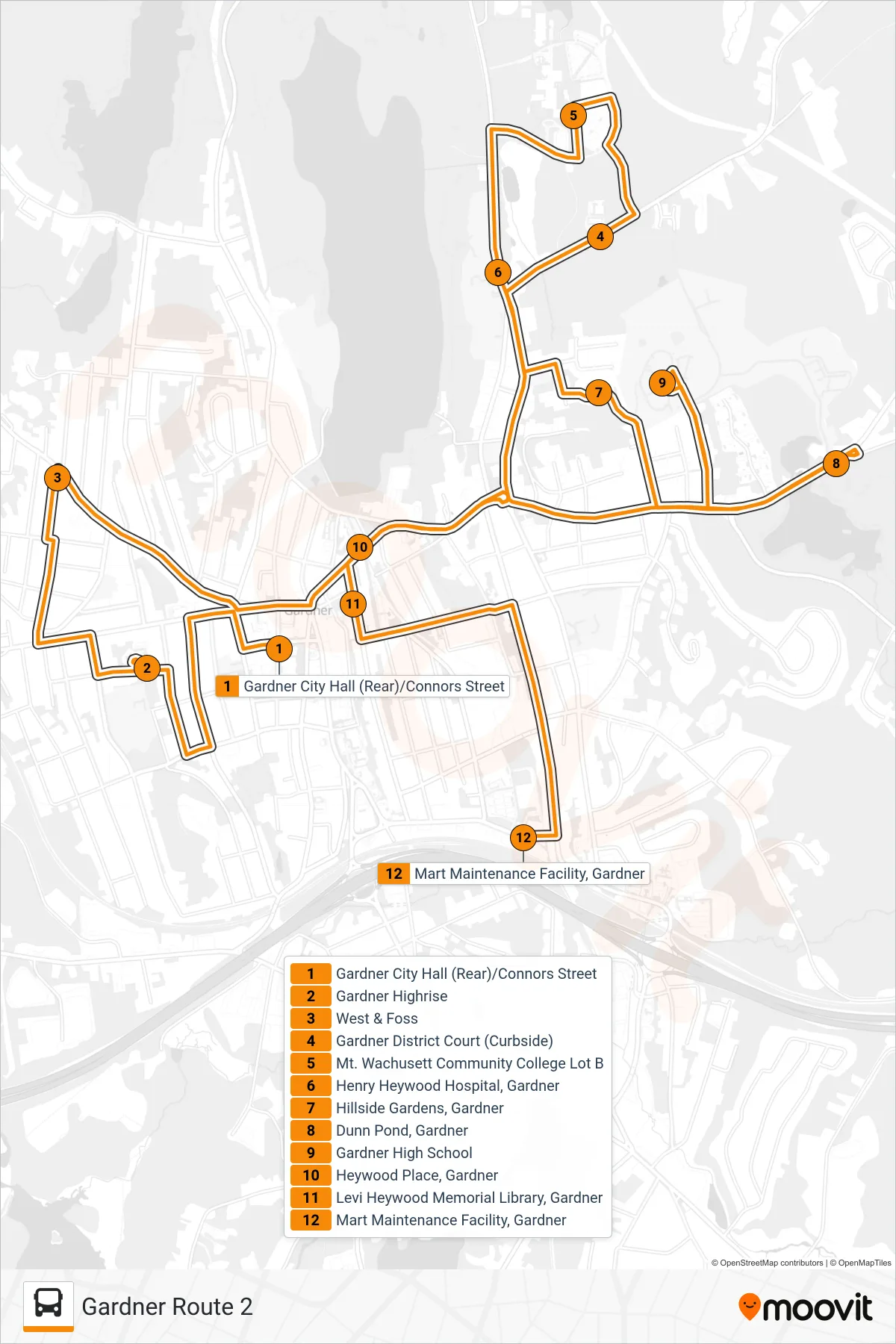 GARDNER ROUTE 2 bus Line (Gardner City Hall (Rear)/Connors Street→Mart Maintenance Facility, Gardner) route and stops on a map