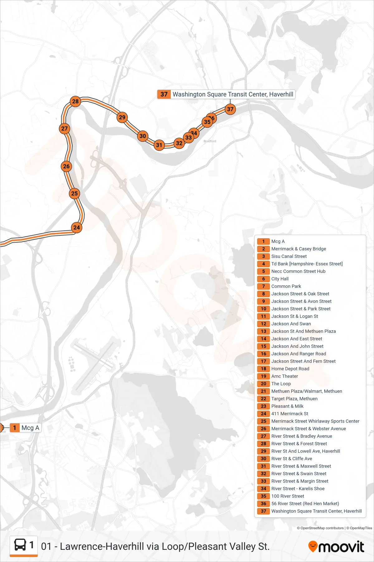1 bus Line (Haverhill Via the Loop) route and stops on a map