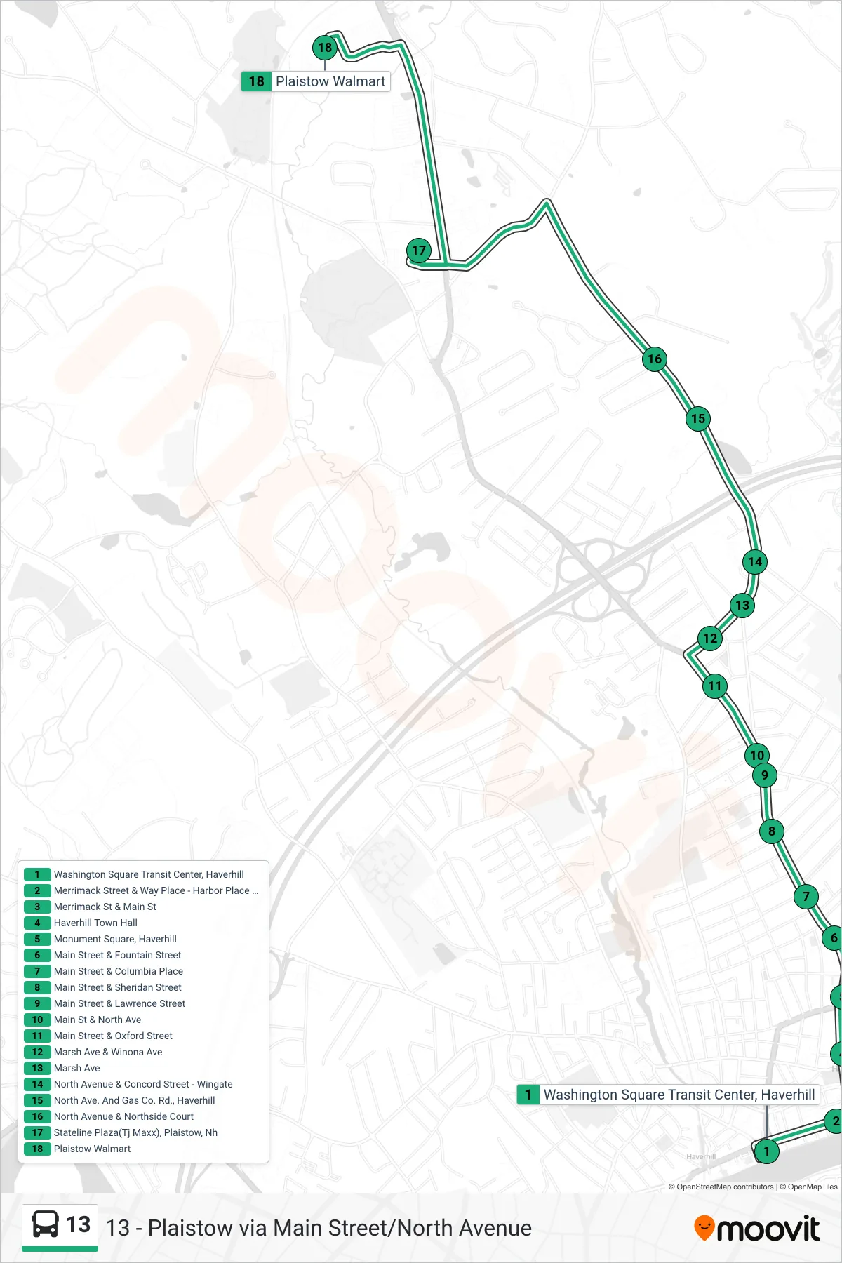 13 bus Line (Stateline Plaza And Plaistow) route and stops on a map