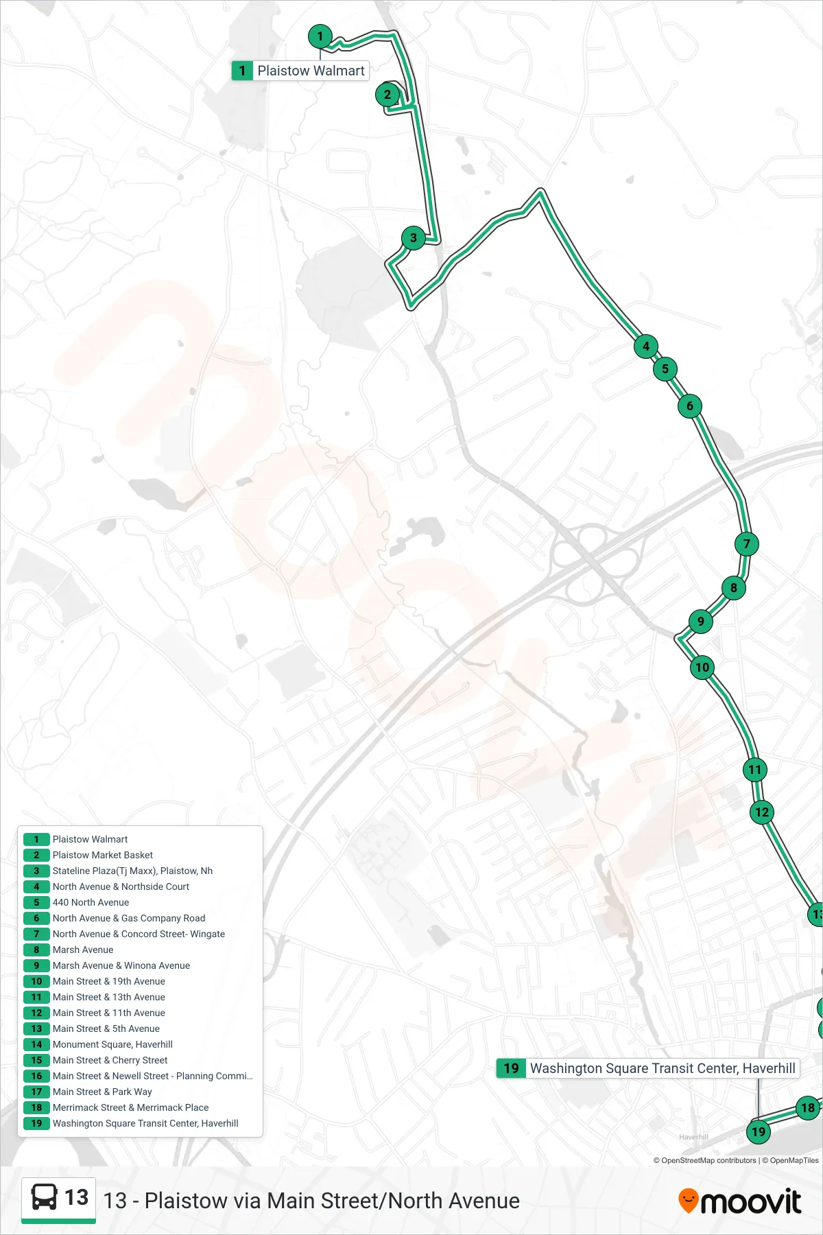 13 bus Line (Haverhill Transit) route and stops on a map